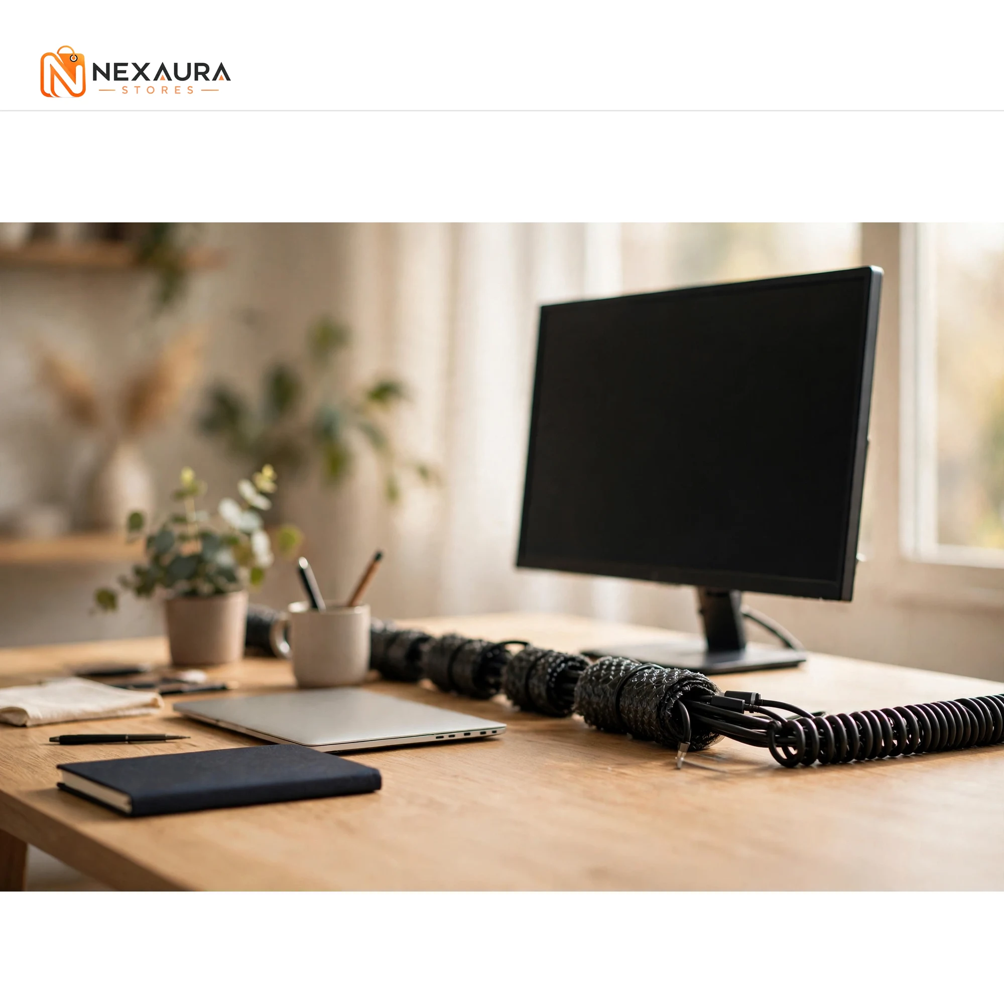Tidy desk setup with spiral cable wrap