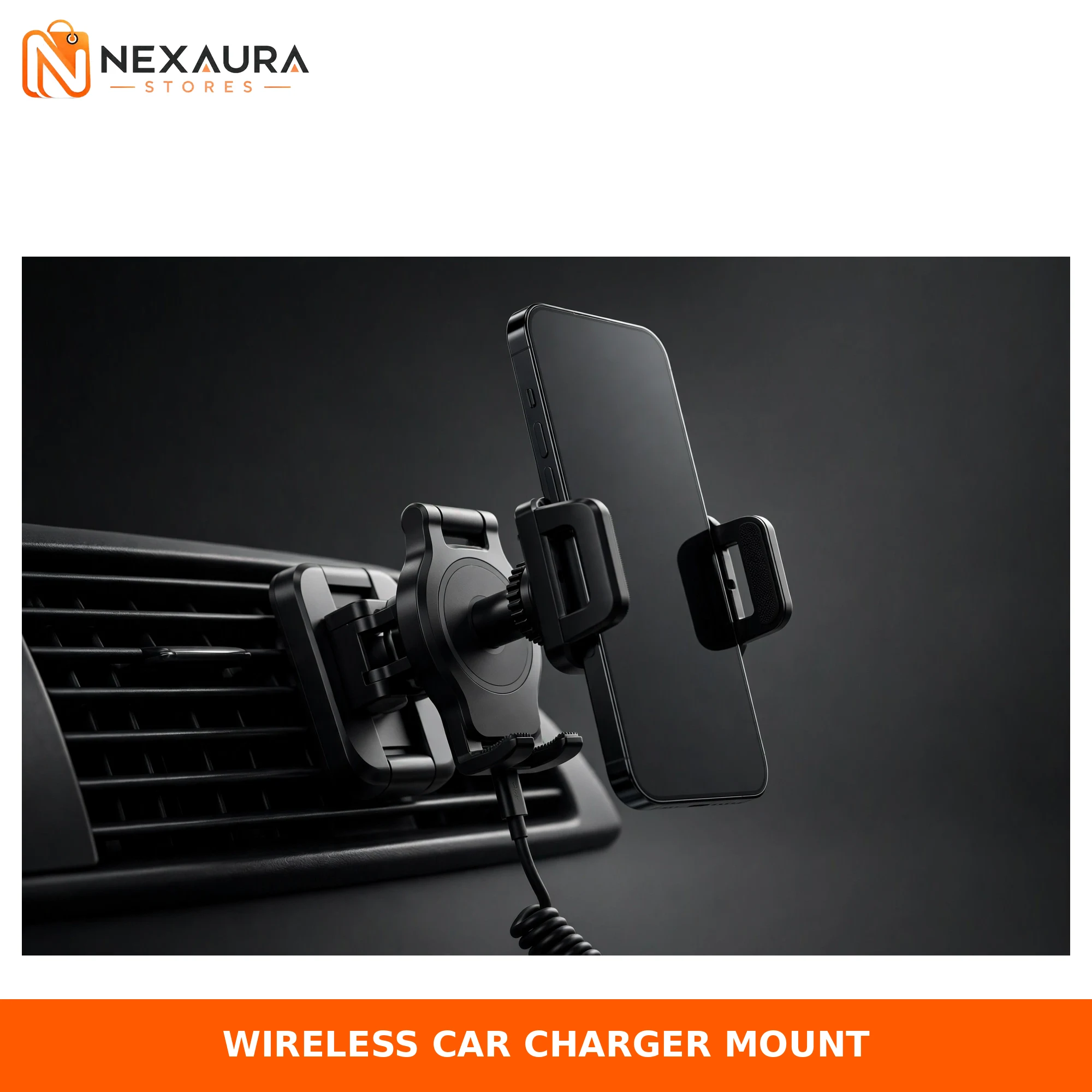 Wireless car charger phone mount with automatic clamping arms on car air vent