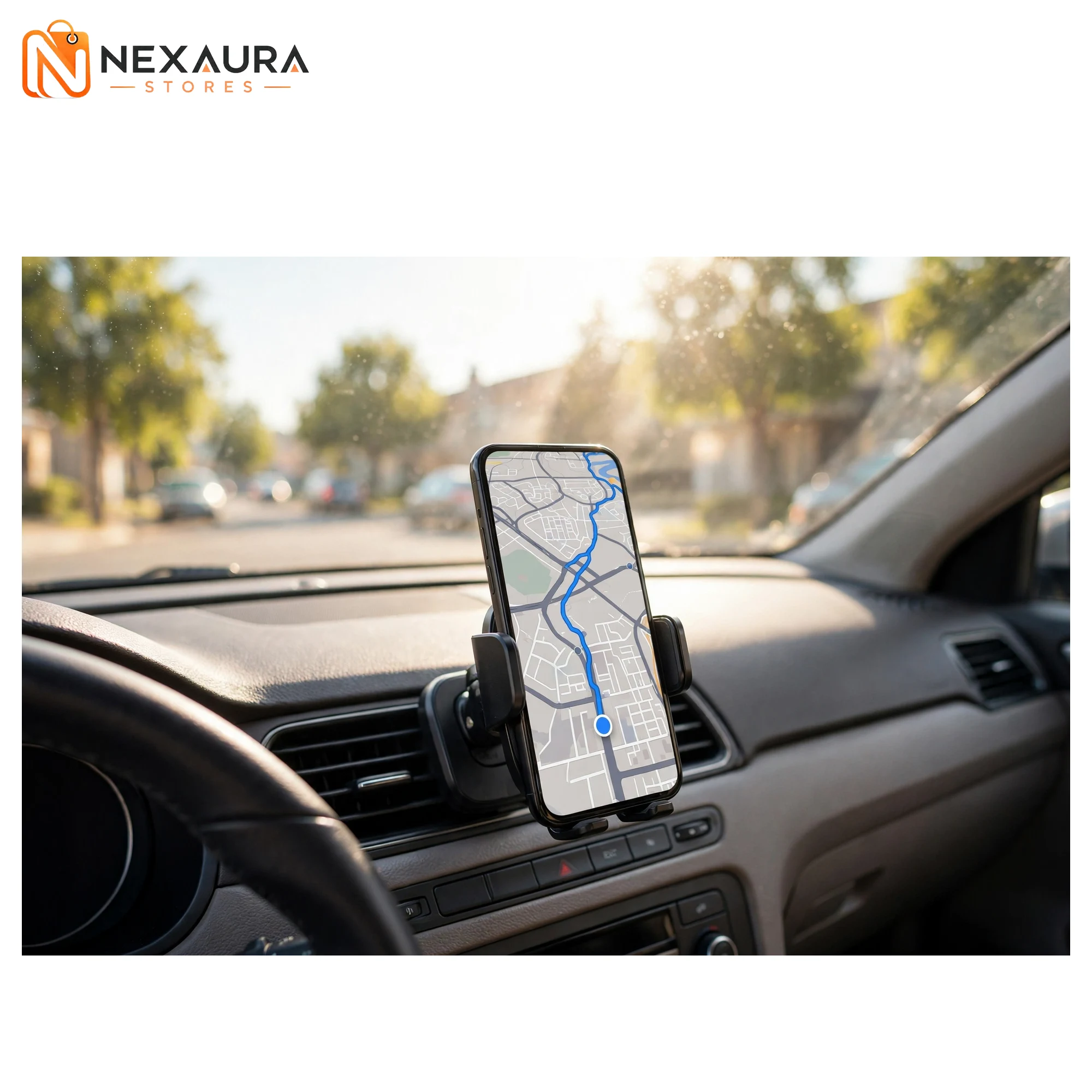 Wireless car charger mount in car with phone showing navigation