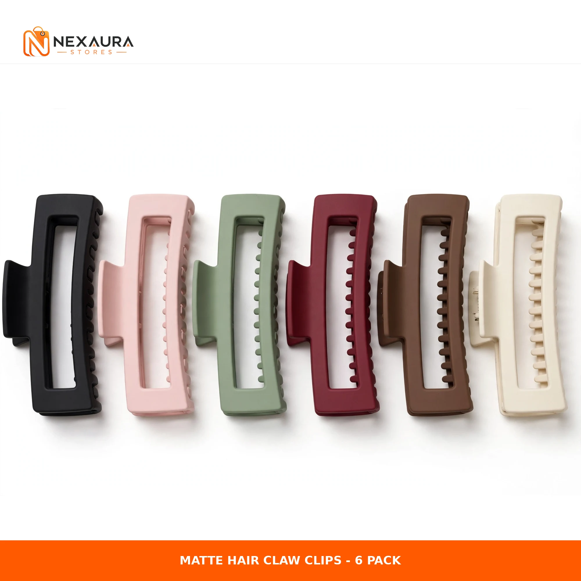 Six matte hair claw clips in black, pink, green, wine, coffee and cream