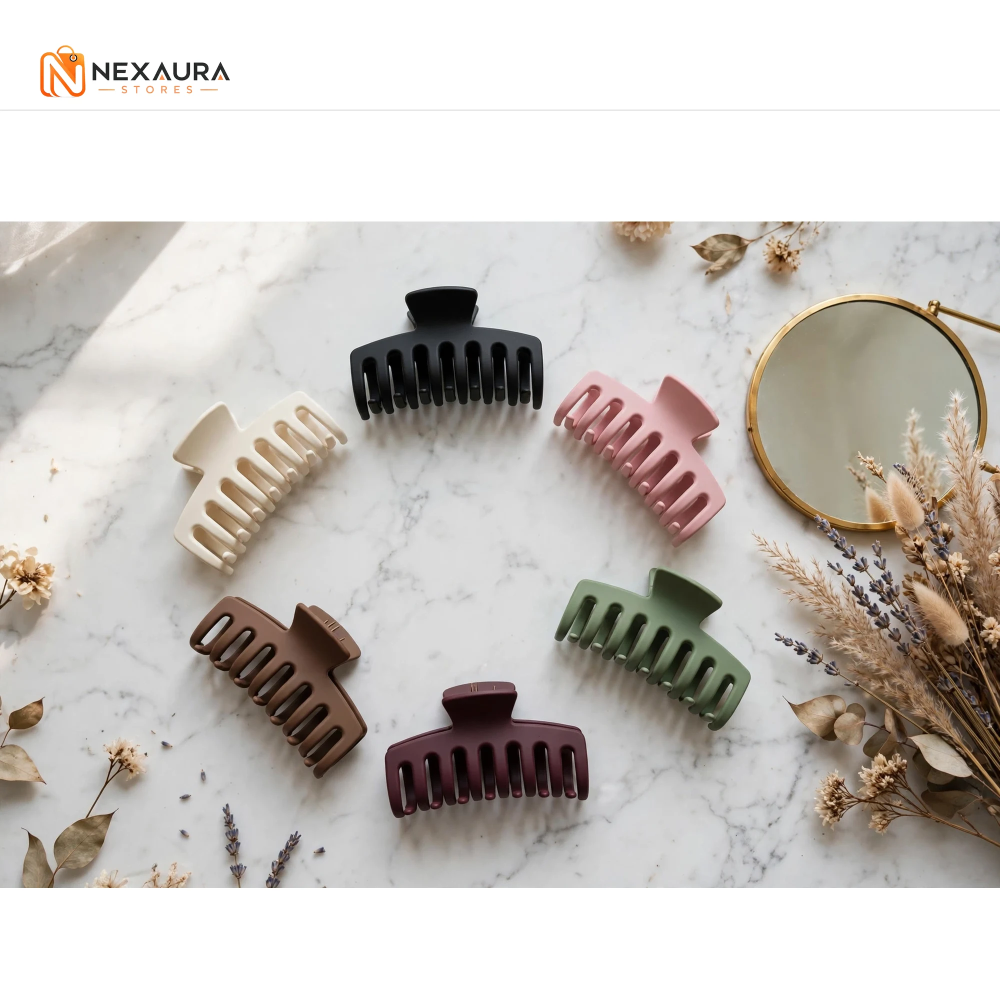 Matte claw clips styled on a vanity table
