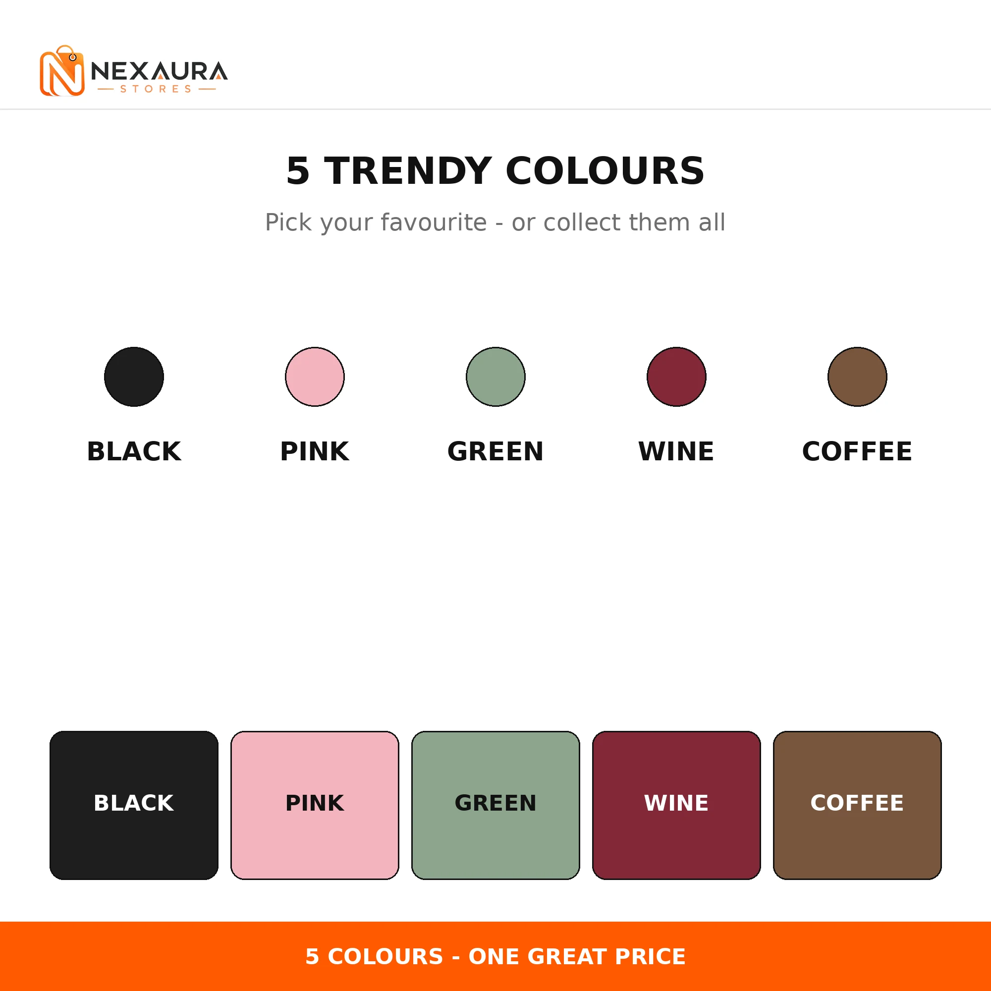 Five trendy matte colours: black, pink, green, wine and coffee