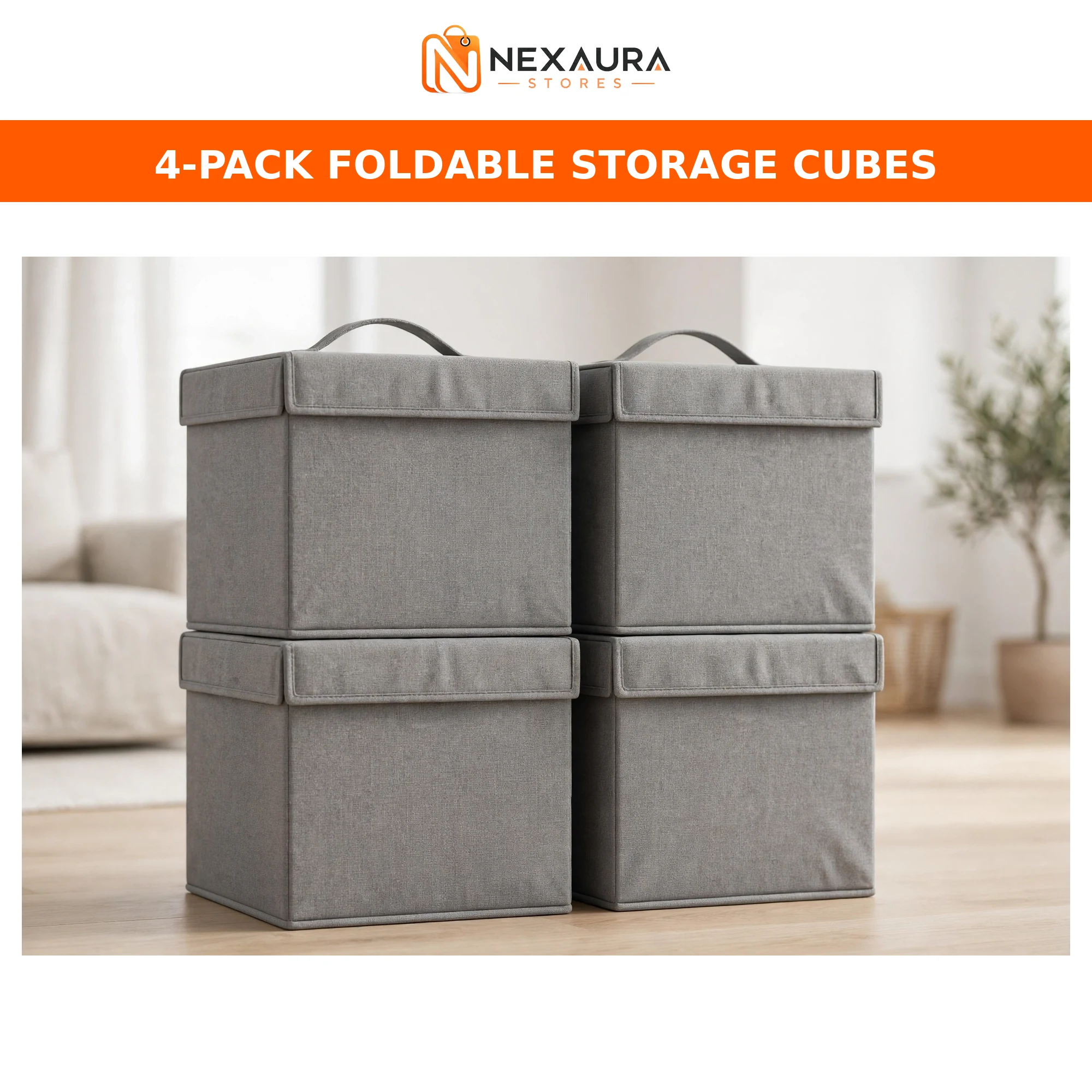 Four grey foldable fabric storage cube boxes with lids