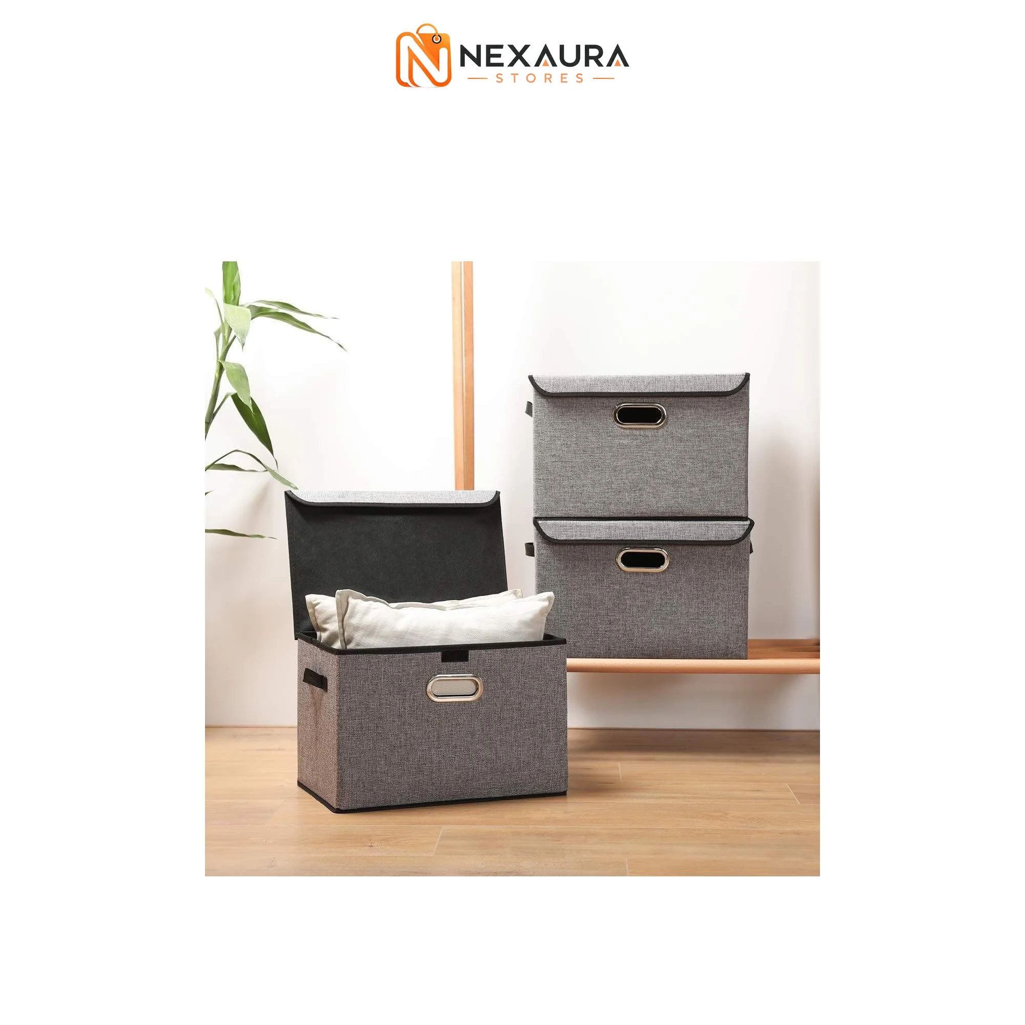 Grey fabric storage cube box with lid
