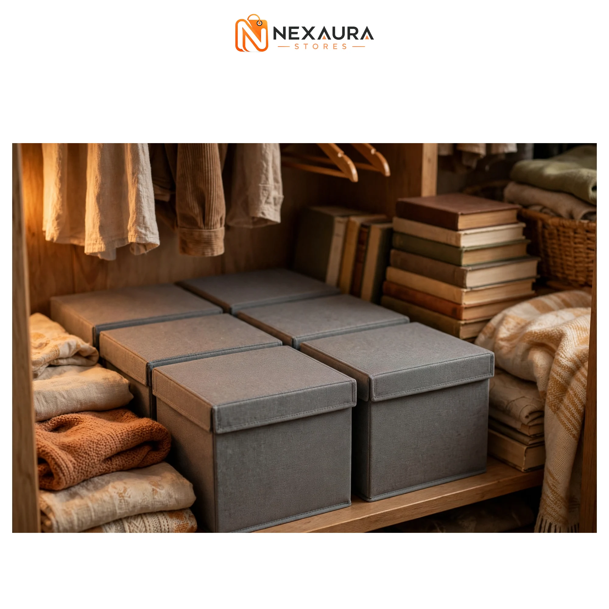 Storage cubes neatly arranged in a wardrobe