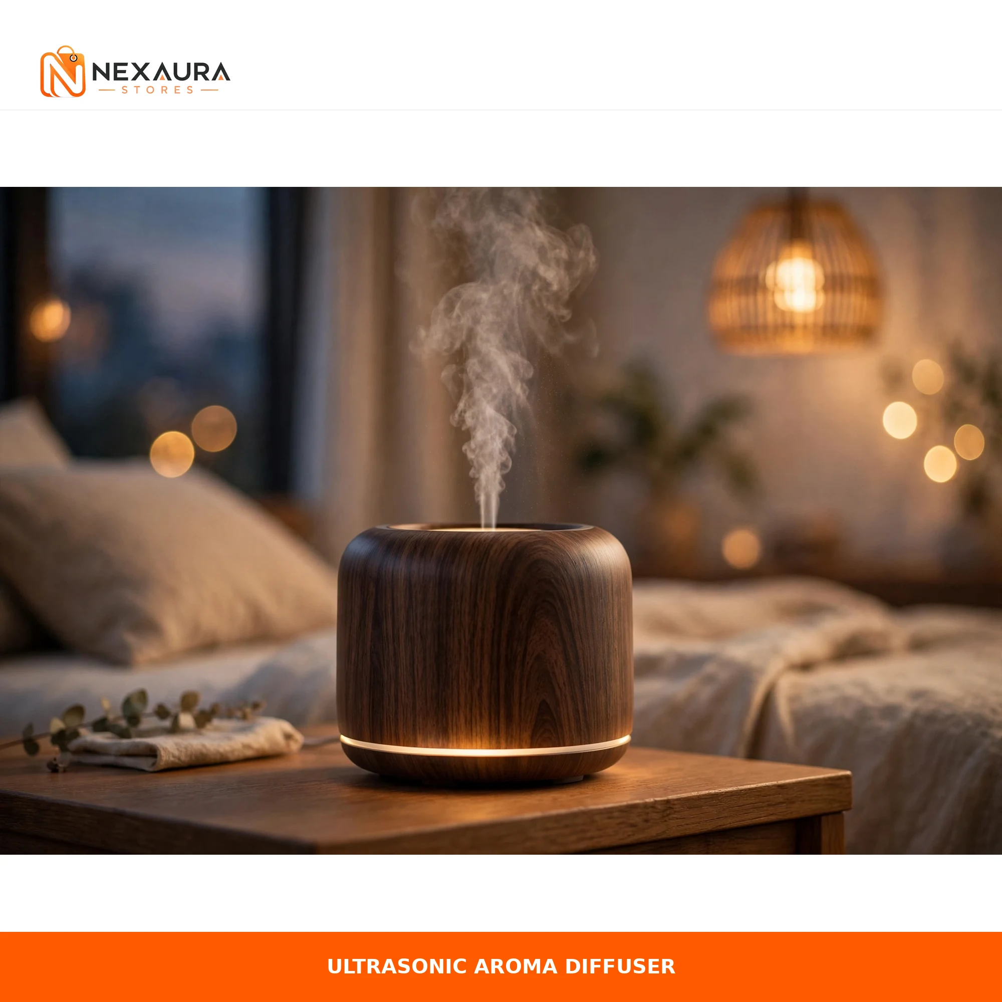Ultrasonic aroma diffuser with wood grain finish releasing cool mist in a cosy bedroom