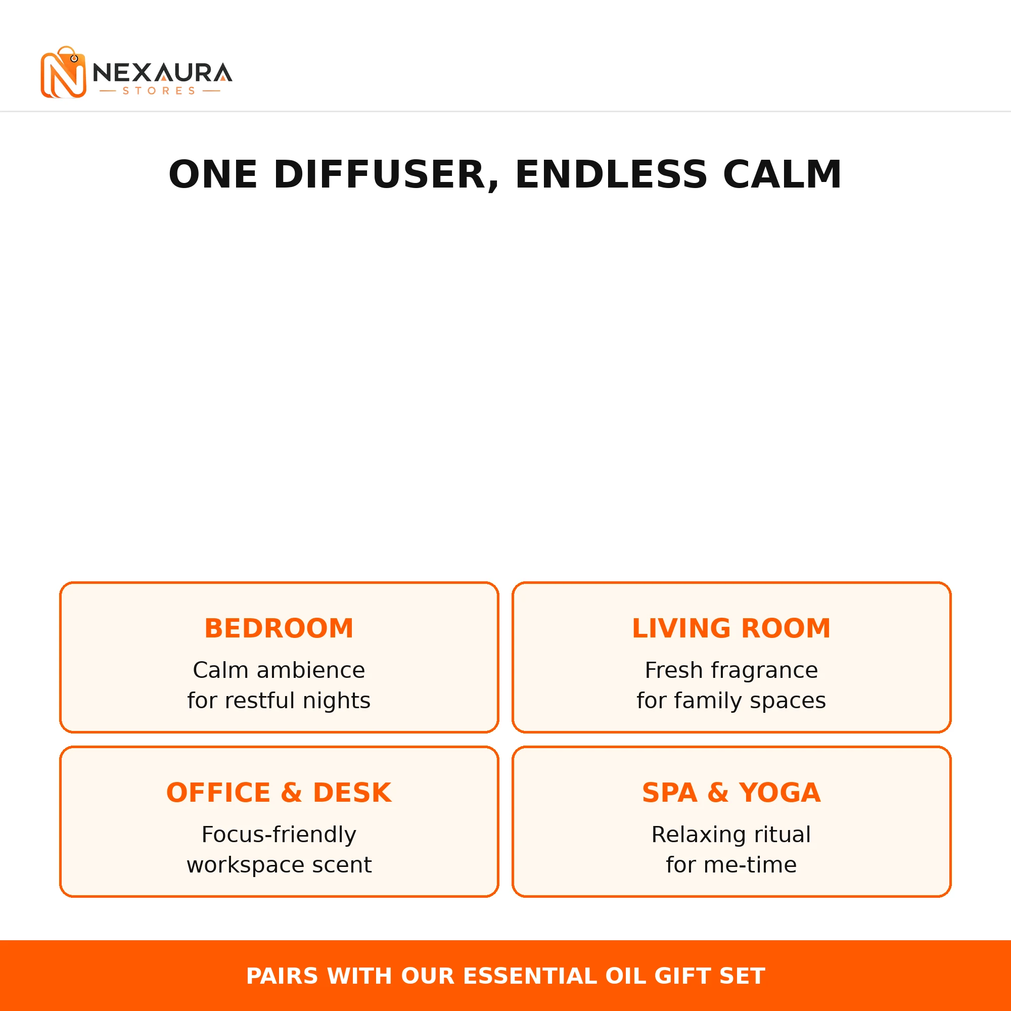 Aroma diffuser uses - bedroom, living room, office, spa and yoga