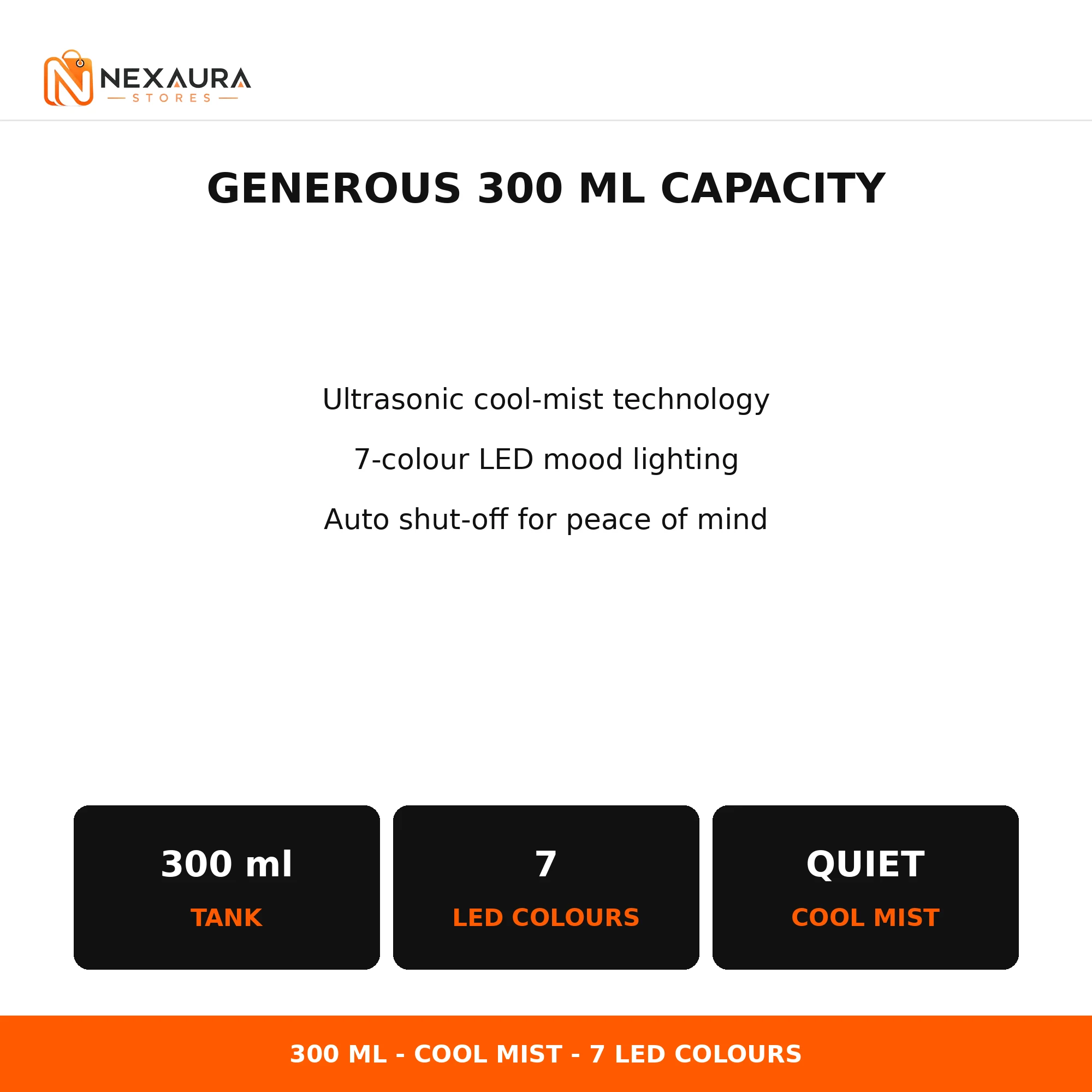 Aroma diffuser specifications - 300ml tank, 7 LED colours, quiet cool mist