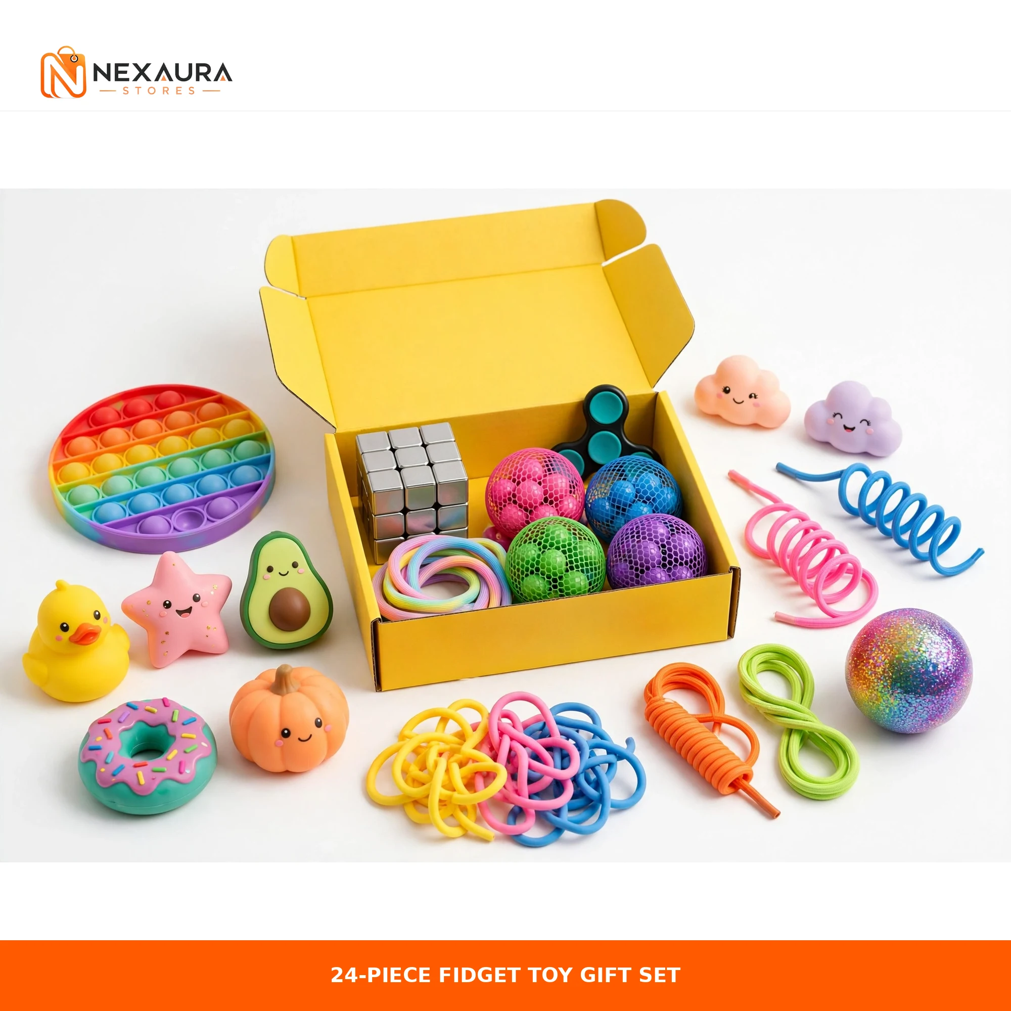 24-piece fidget toy gift set in yellow box
