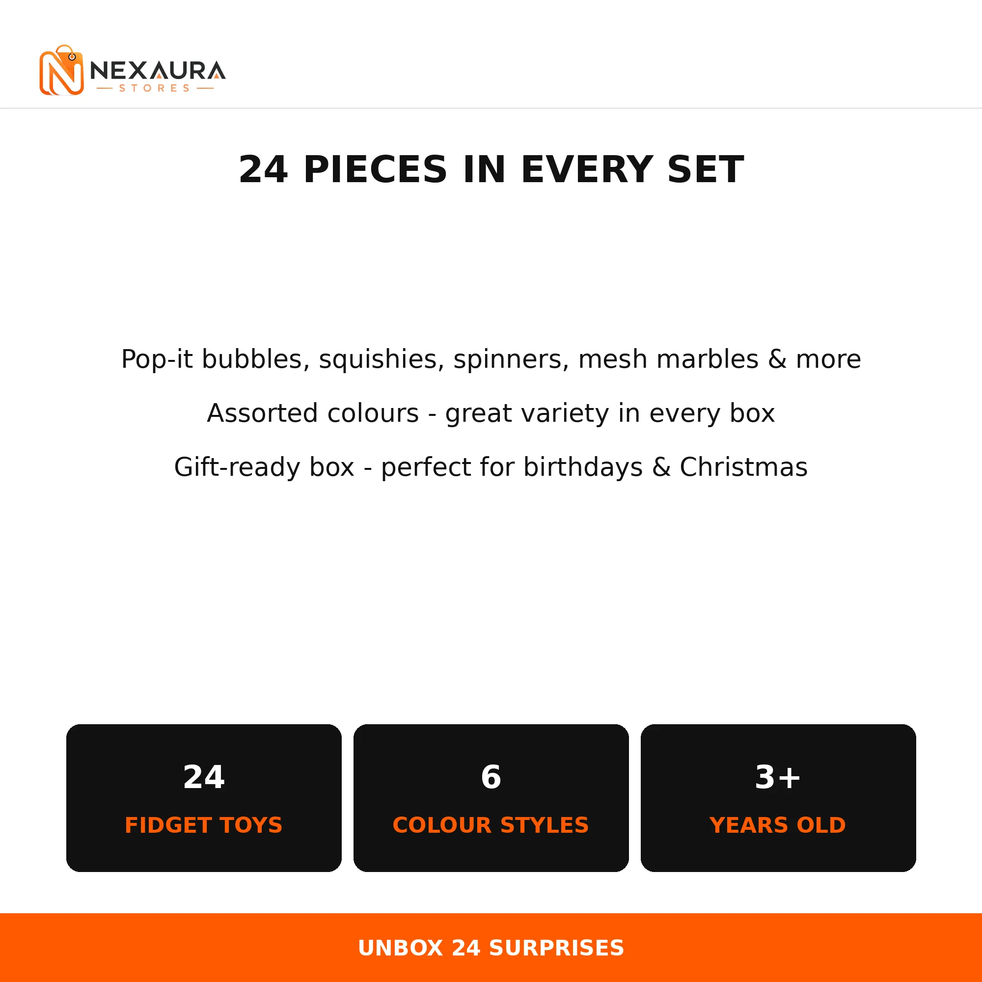 24 pieces, 6 colours, ages 3 plus