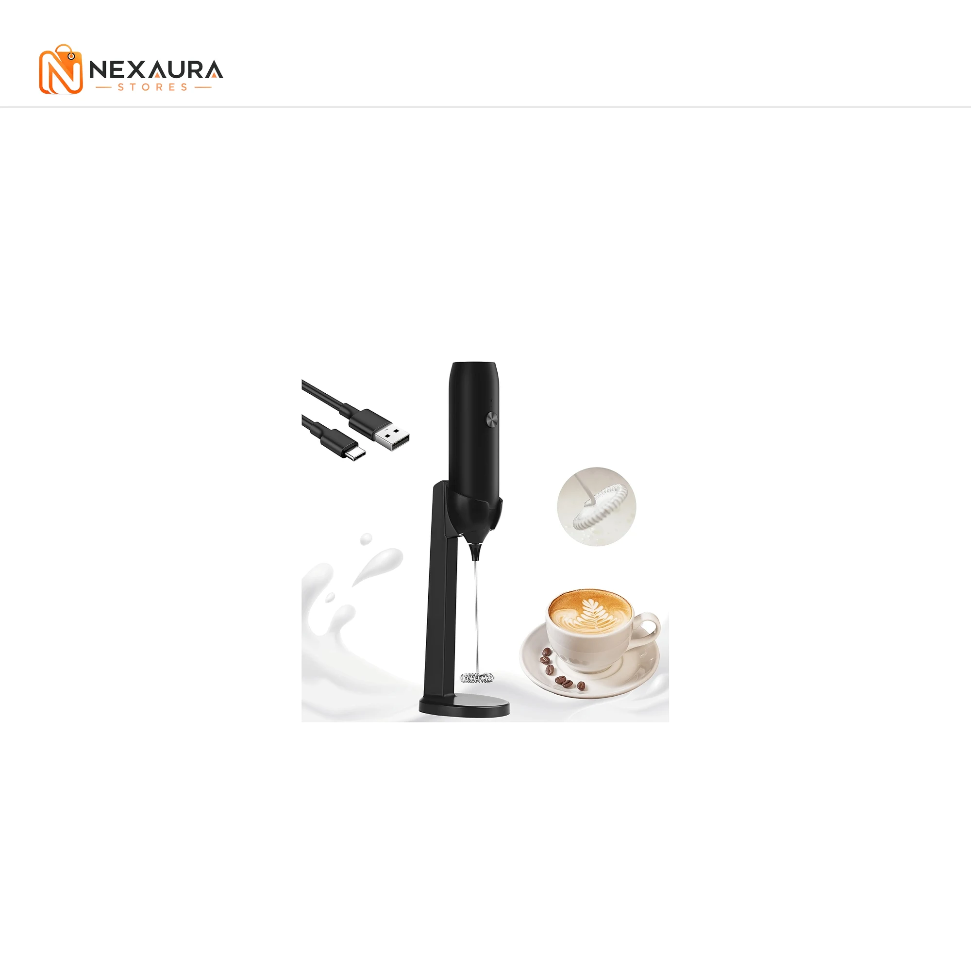 Handheld milk frother with stand, USB-C cable and latte