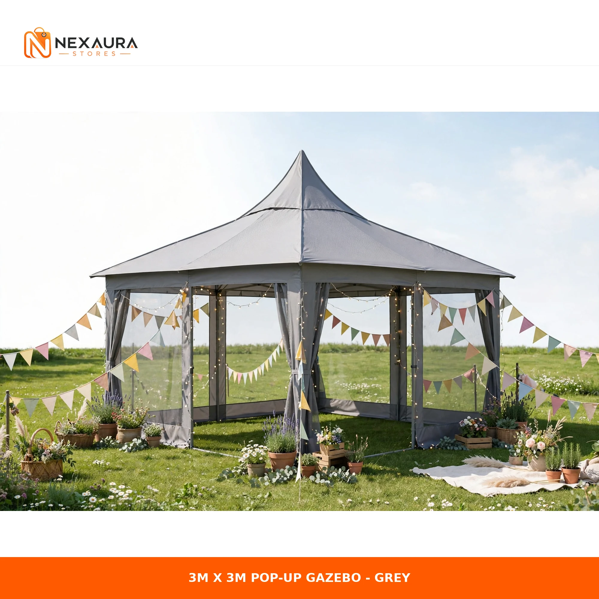 Grey 3m x 3m pop-up gazebo set up in a garden with party bunting