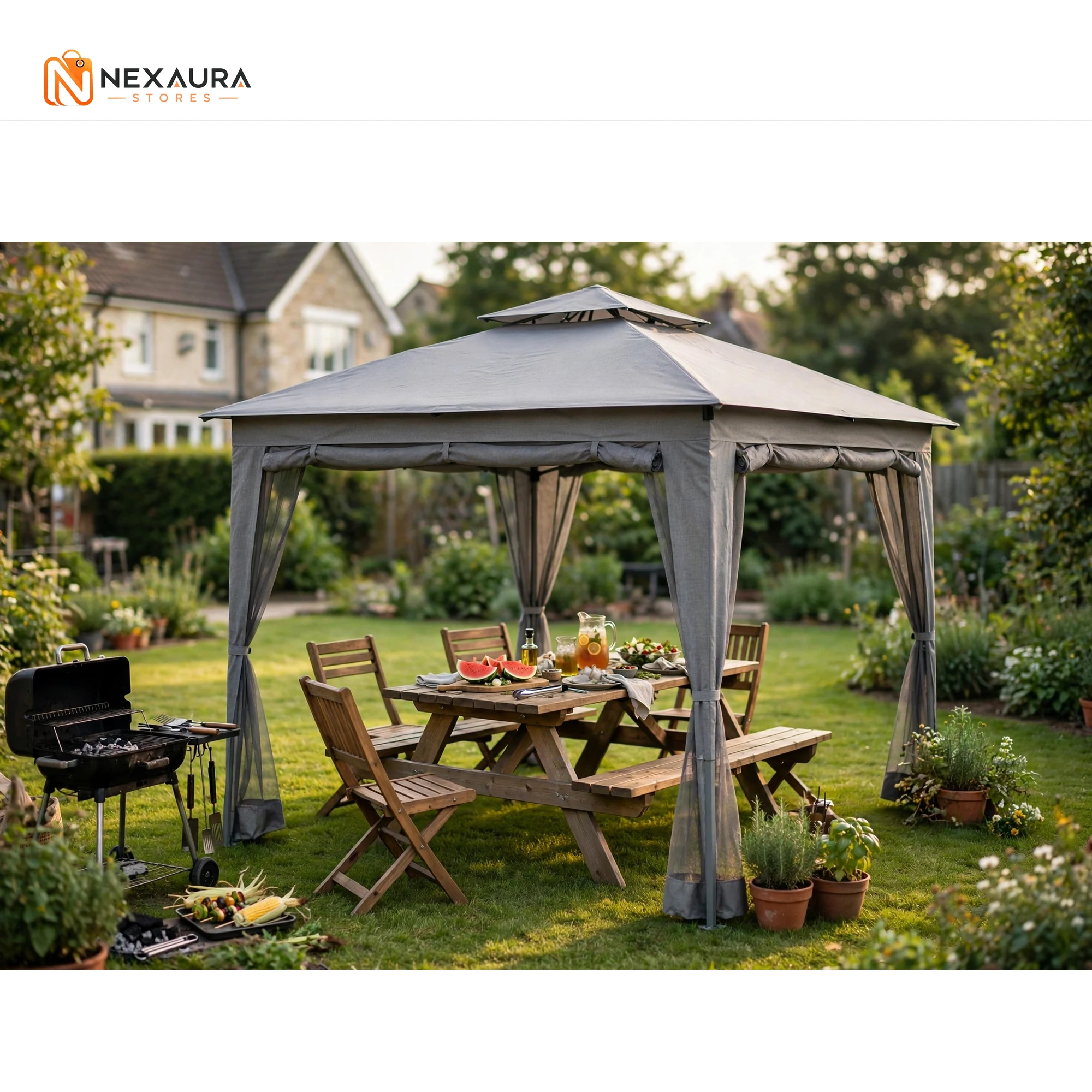 Grey 3m x 3m pop-up gazebo in a family garden during a summer barbecue