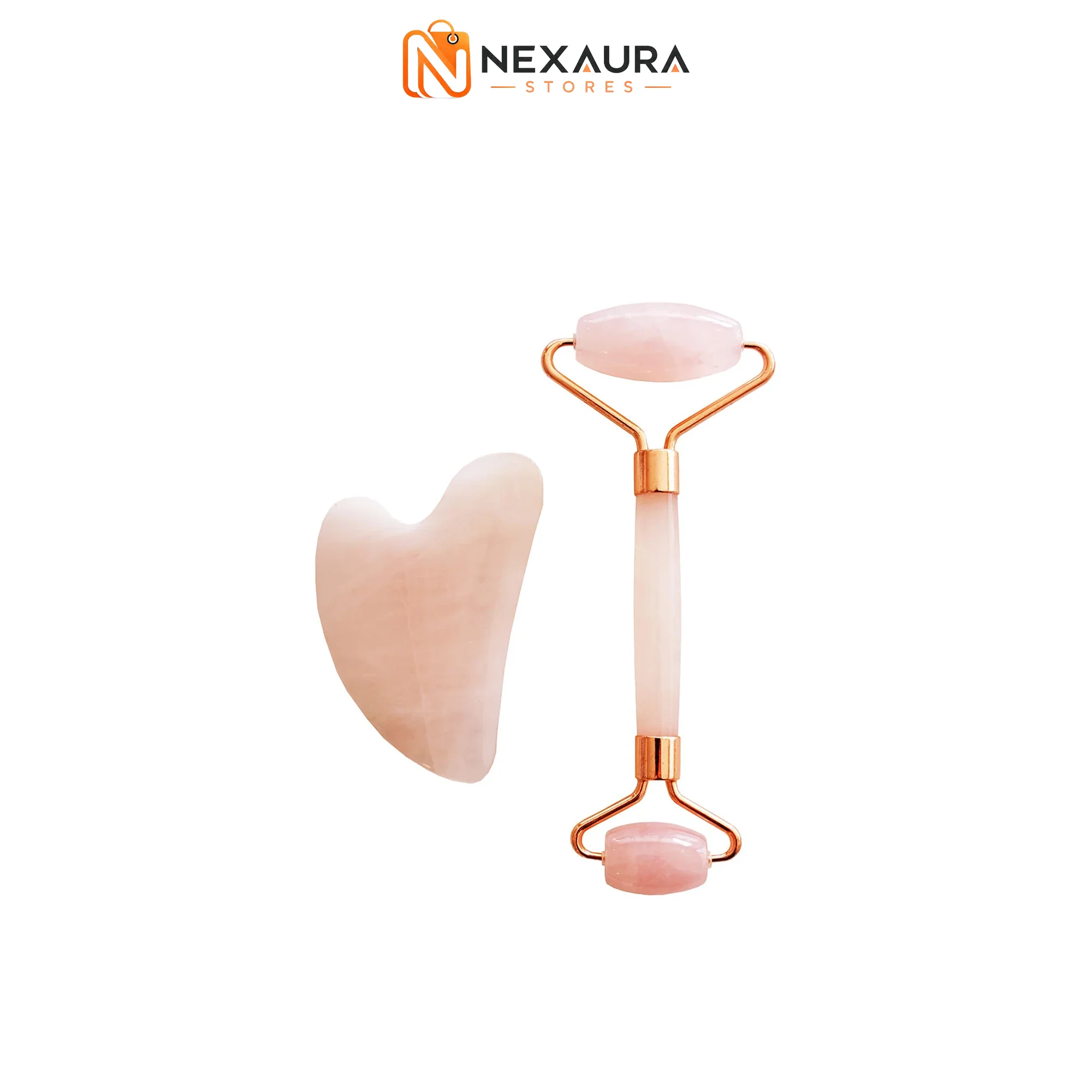 Rose quartz roller and gua sha stone product photo