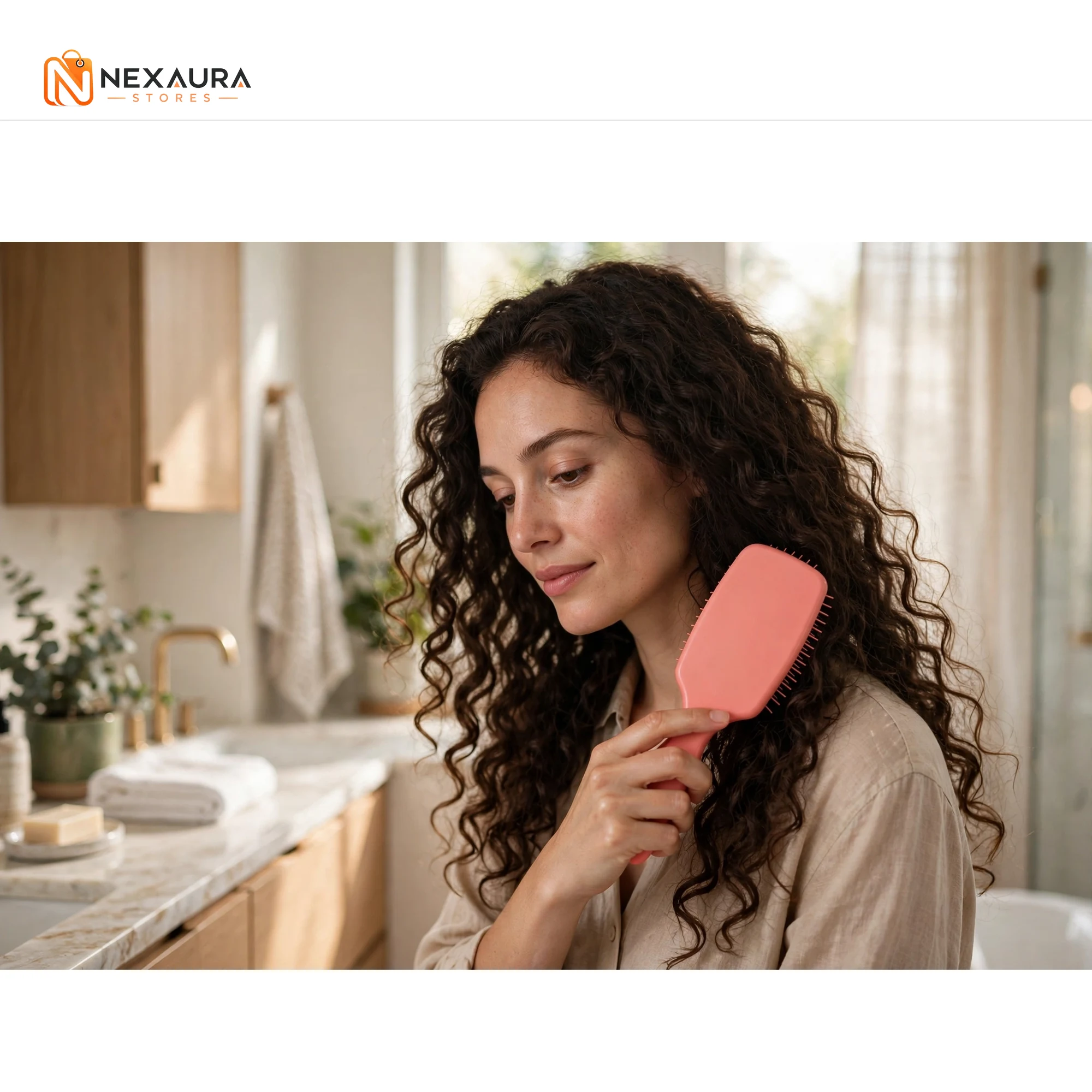 Woman brushing curly hair with detangling brush