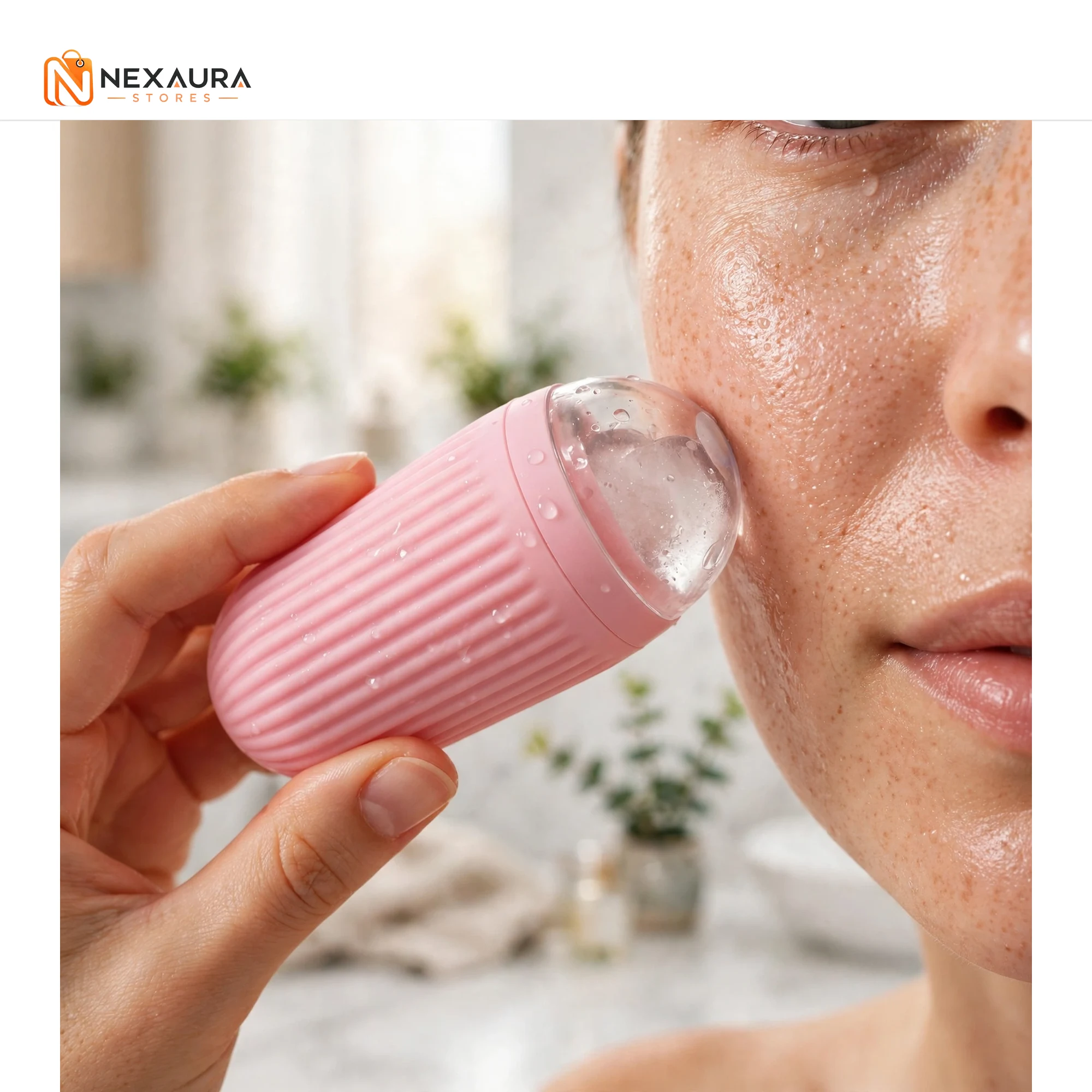 Woman using pink silicone ice facial roller on cheek