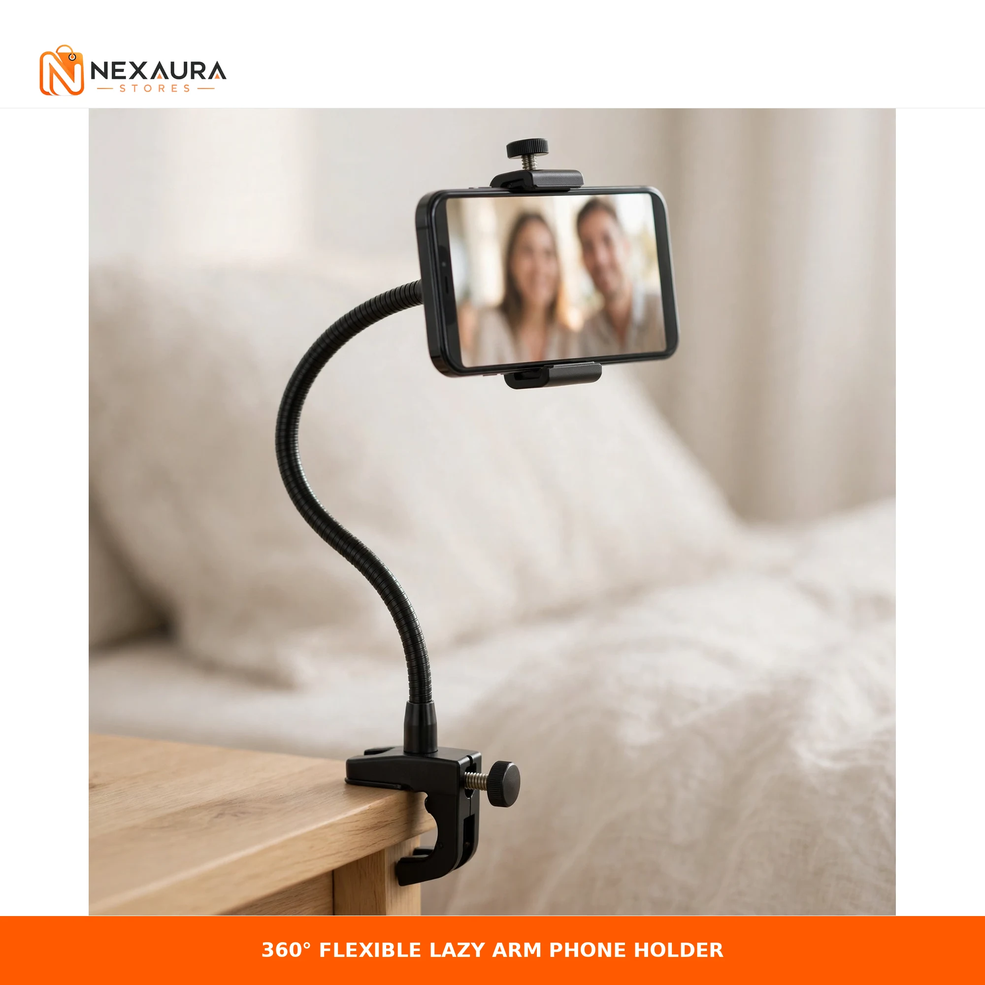 360 degree flexible lazy arm phone holder clamped to bedside table