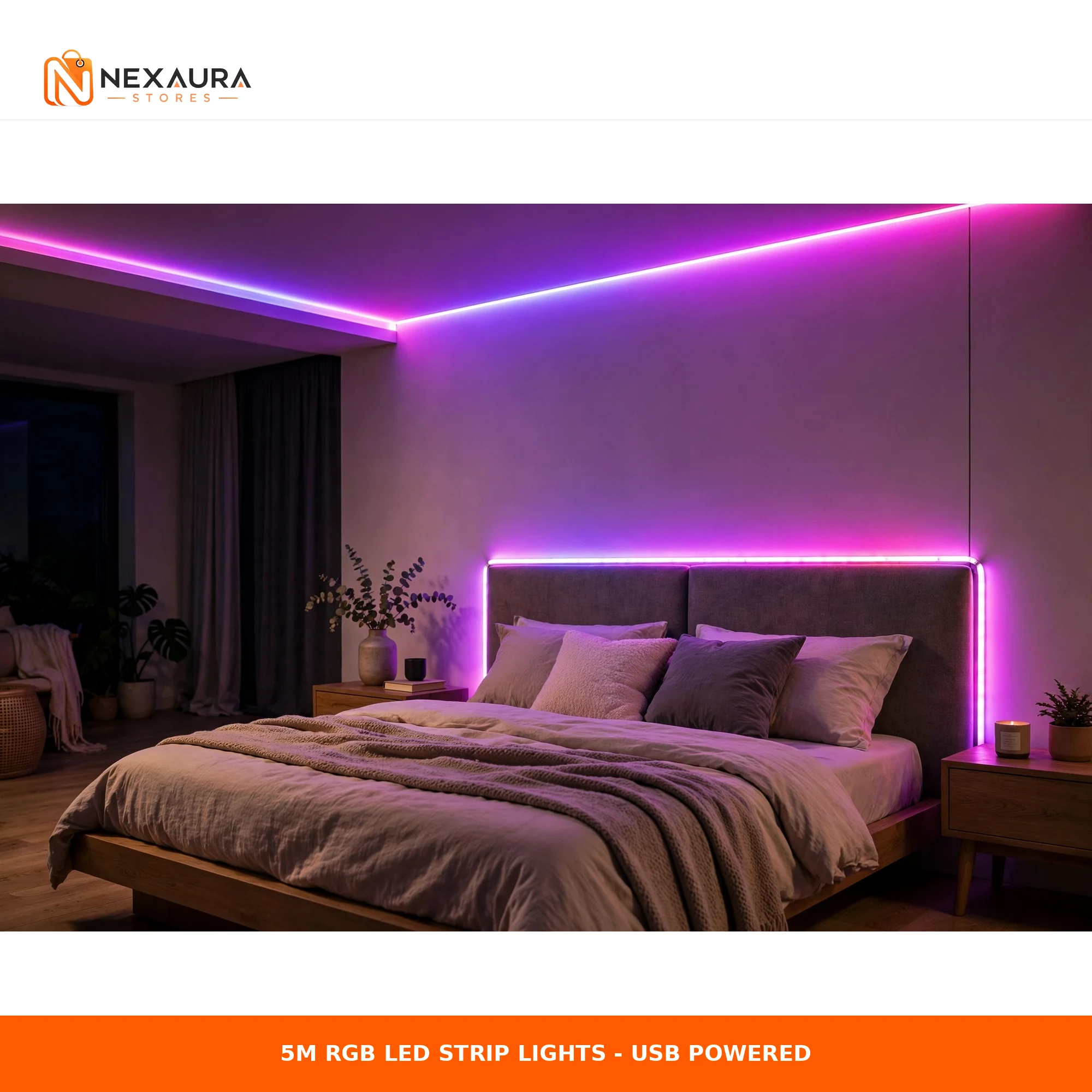 RGB LED strip lights glowing purple and pink in a modern bedroom