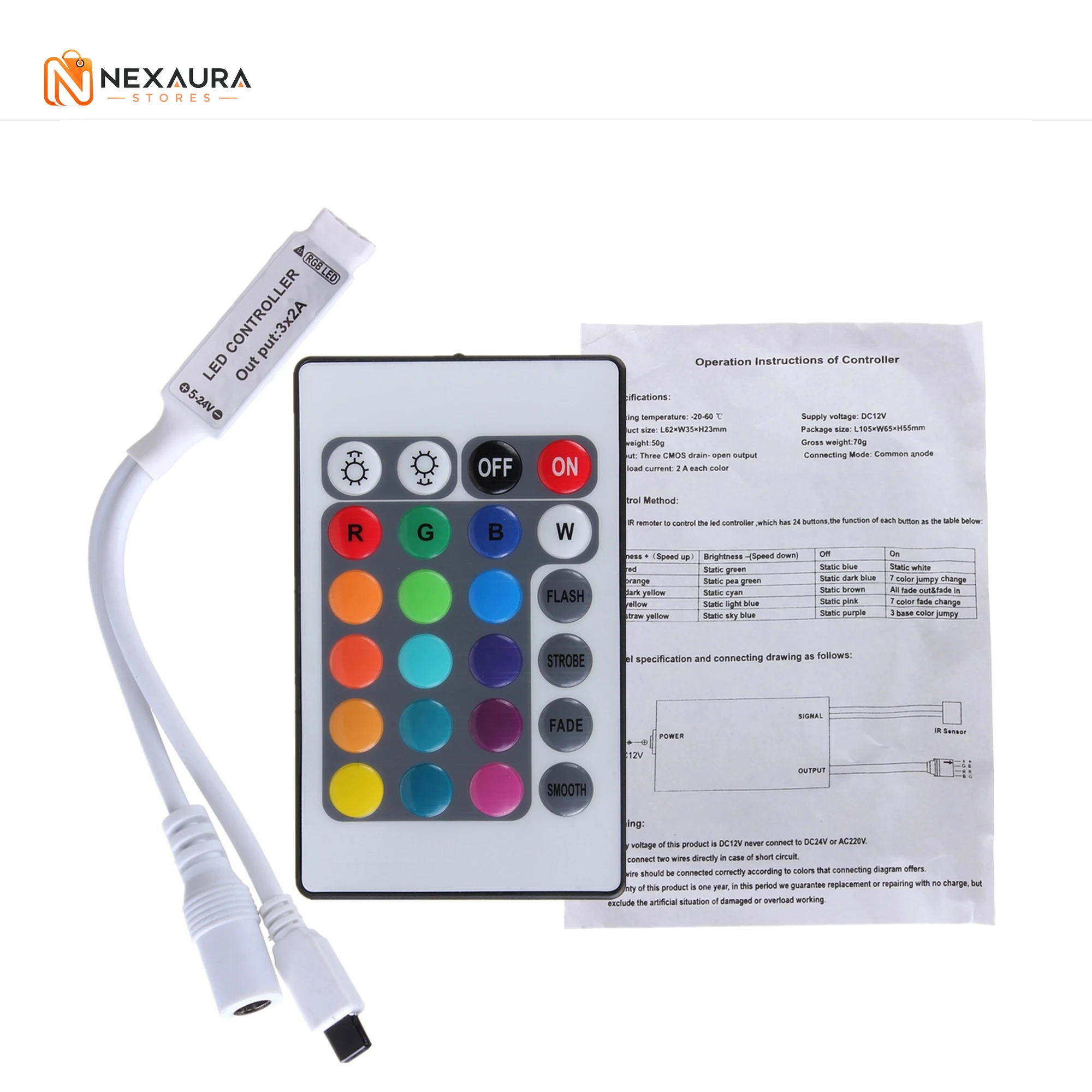 Remote control for RGB LED strip lights with flash strobe fade and smooth modes