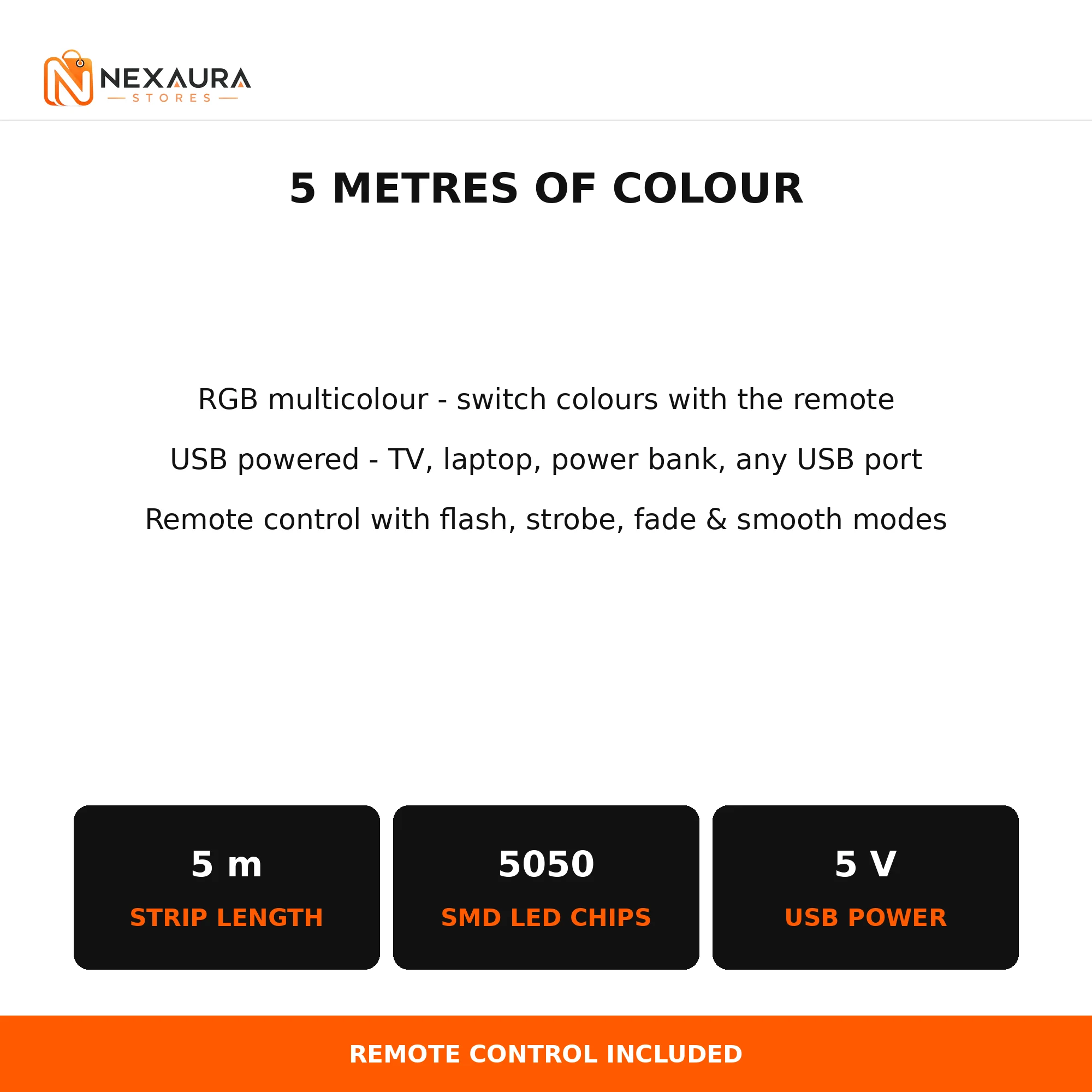 RGB LED strip light specifications - 5m strip, 5050 SMD chips, 5V USB power