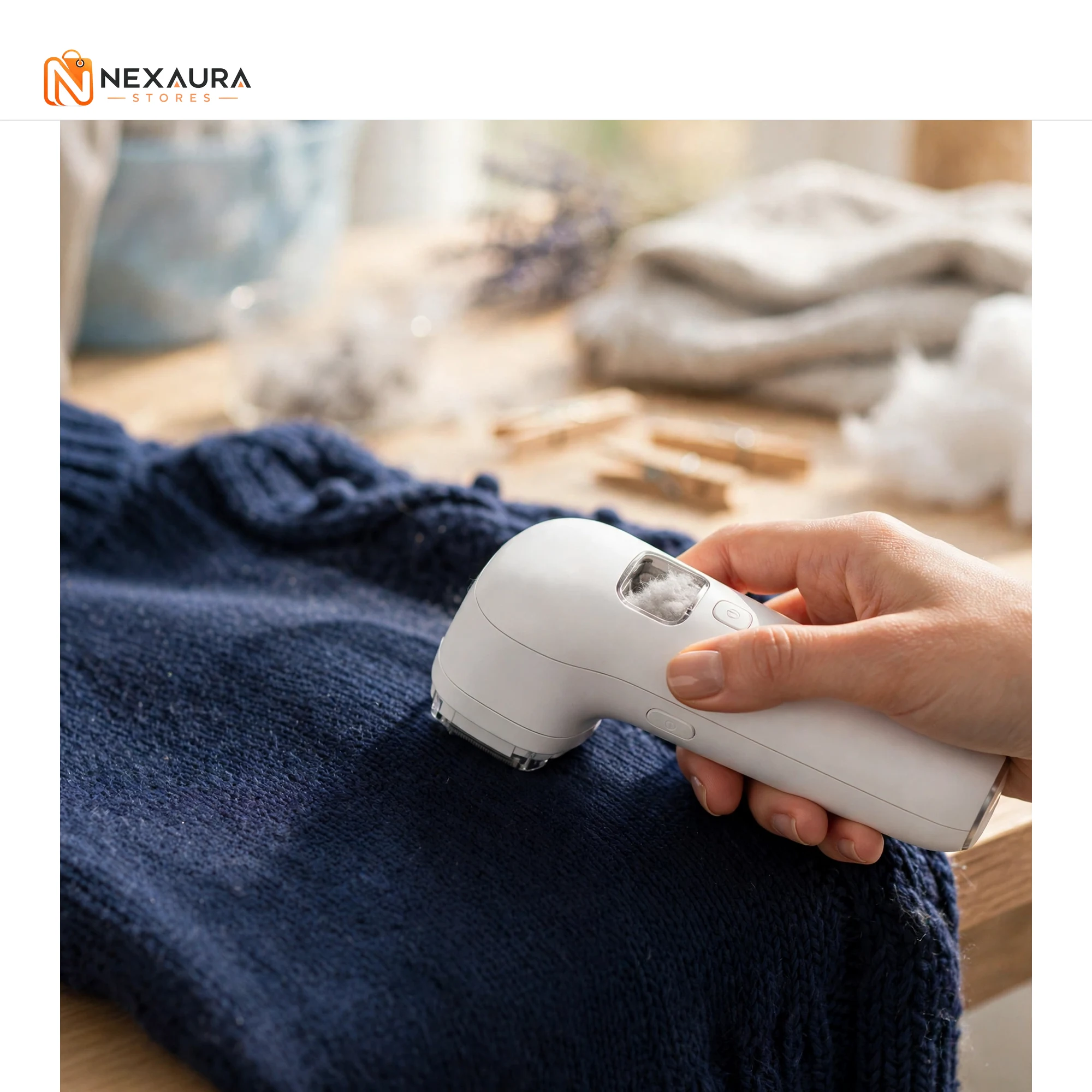 Lint remover fabric shaver in use on a sweater