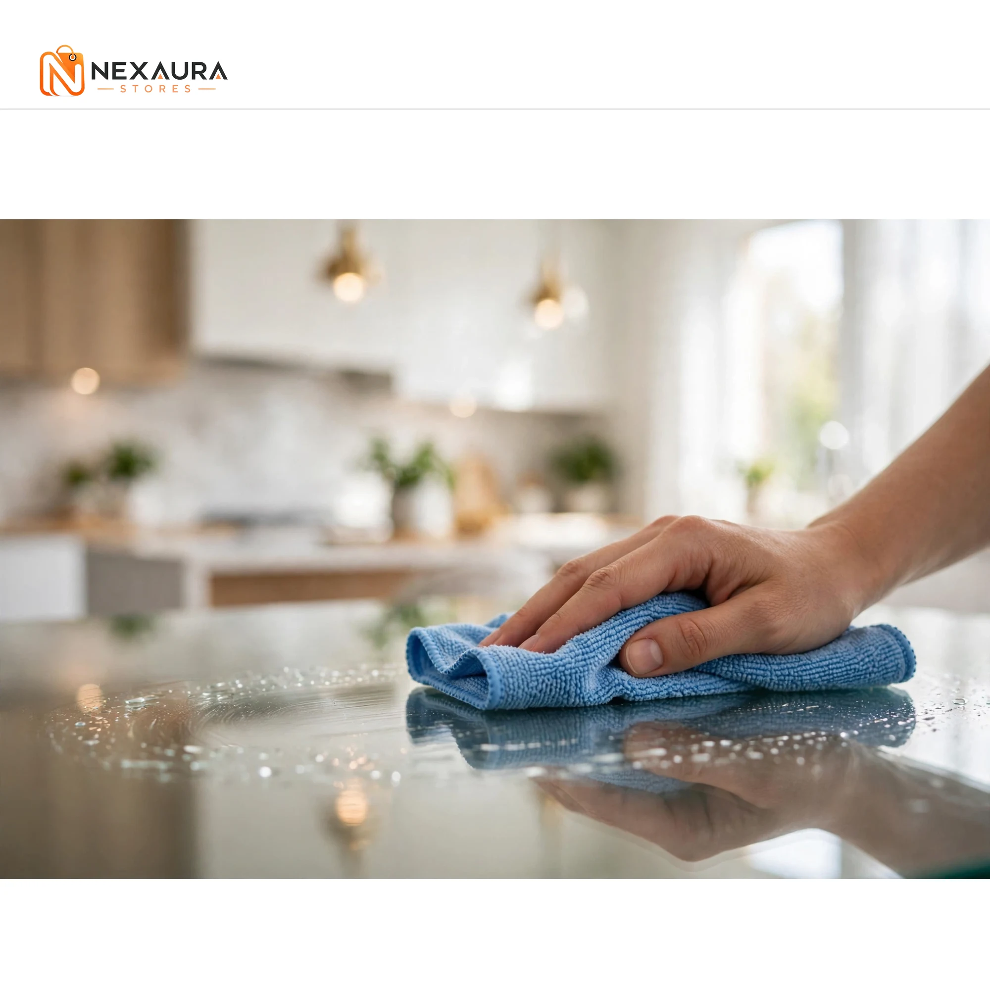 Wiping glass table with blue microfibre cloth