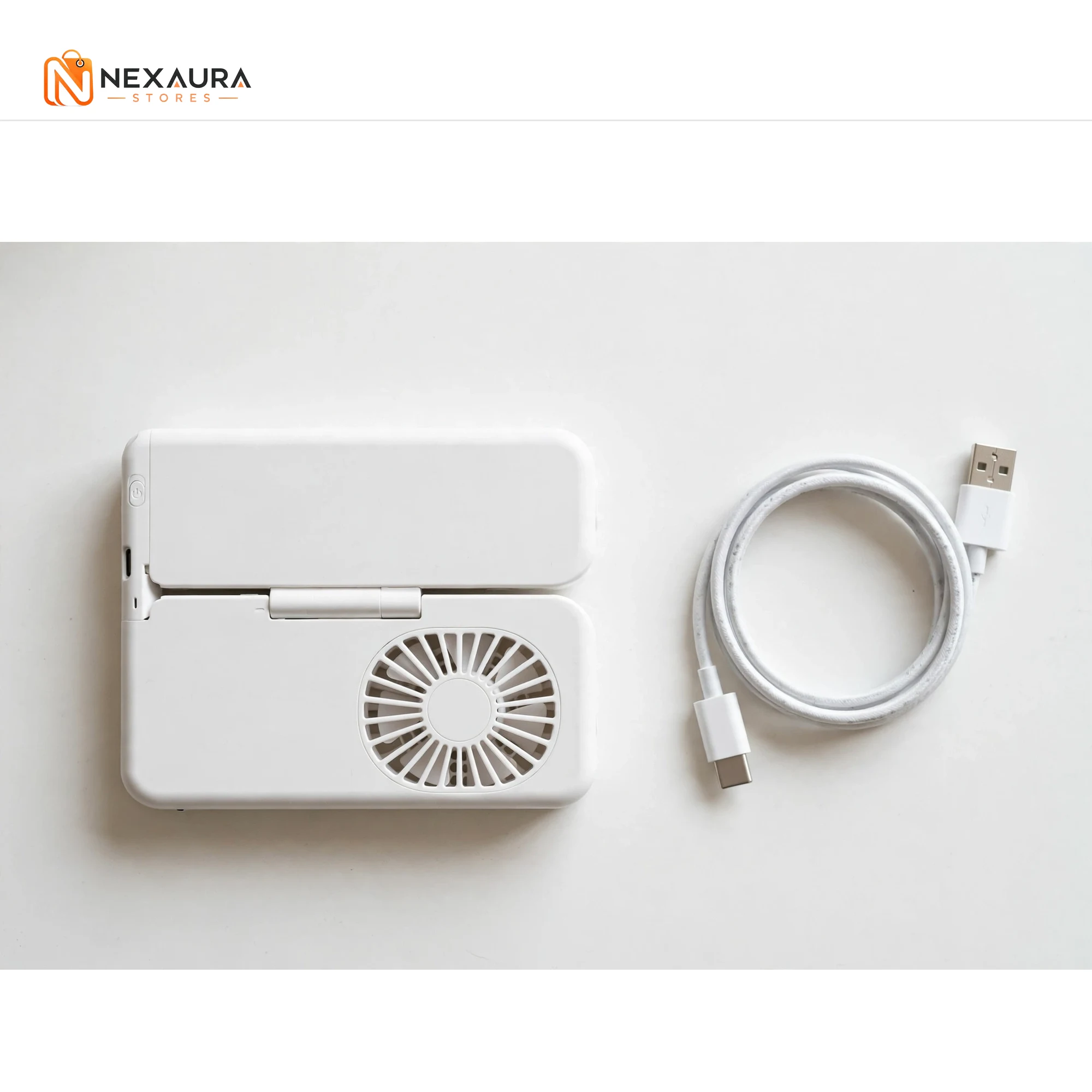 Fan folded flat with USB charging cable