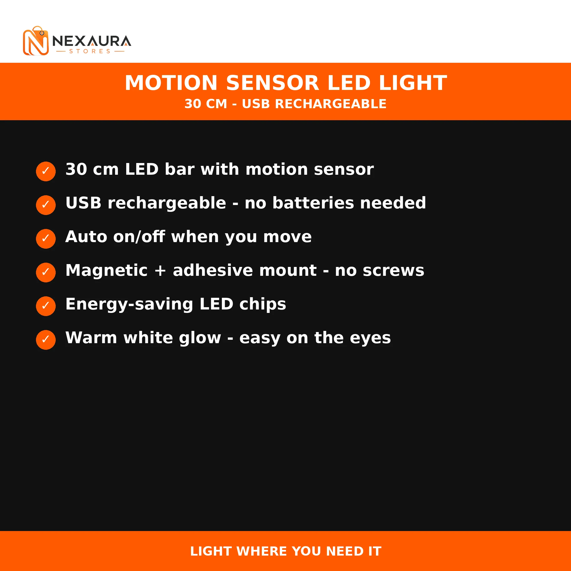 Key features of the 30cm motion sensor LED light