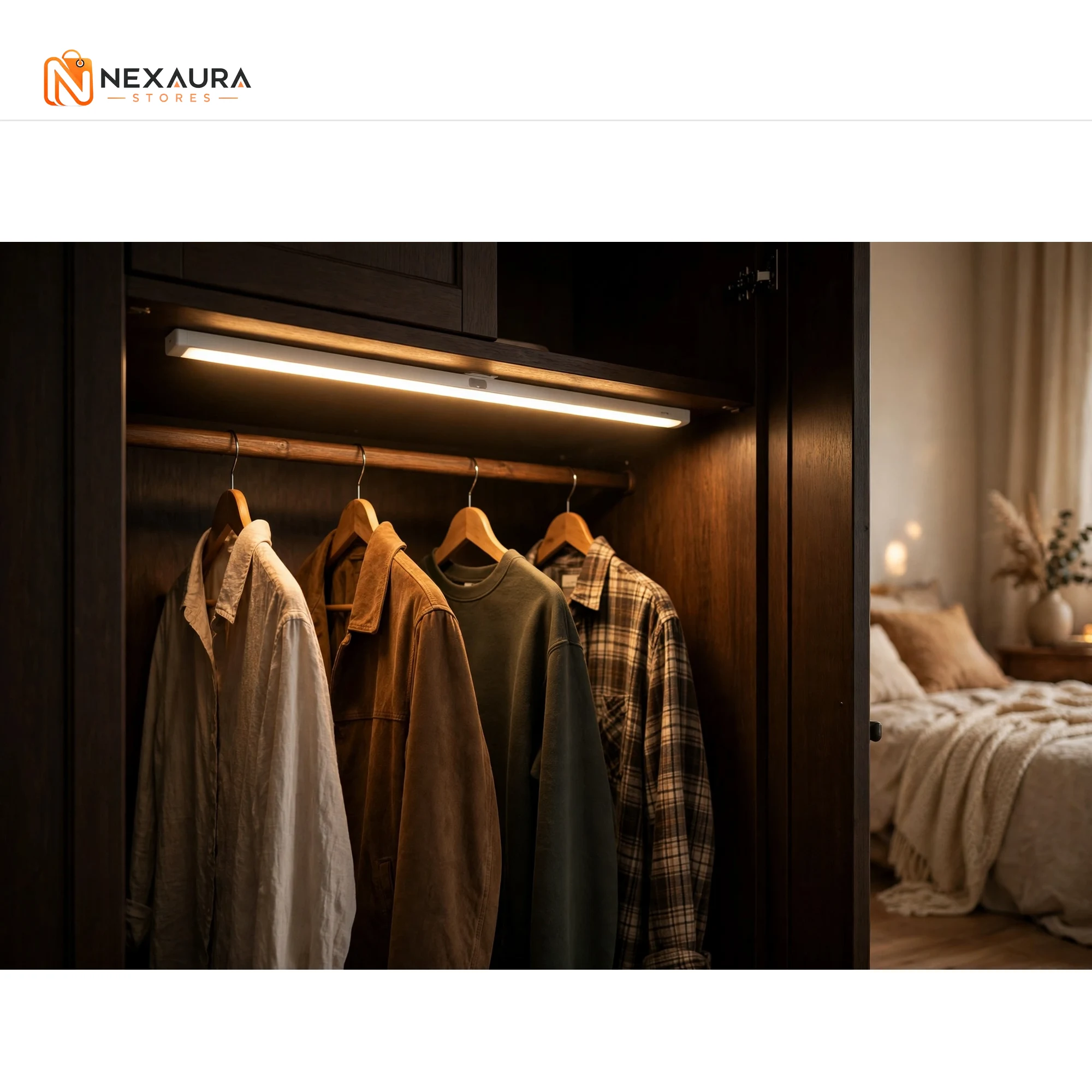 Wardrobe interior lit by the motion sensor LED light bar