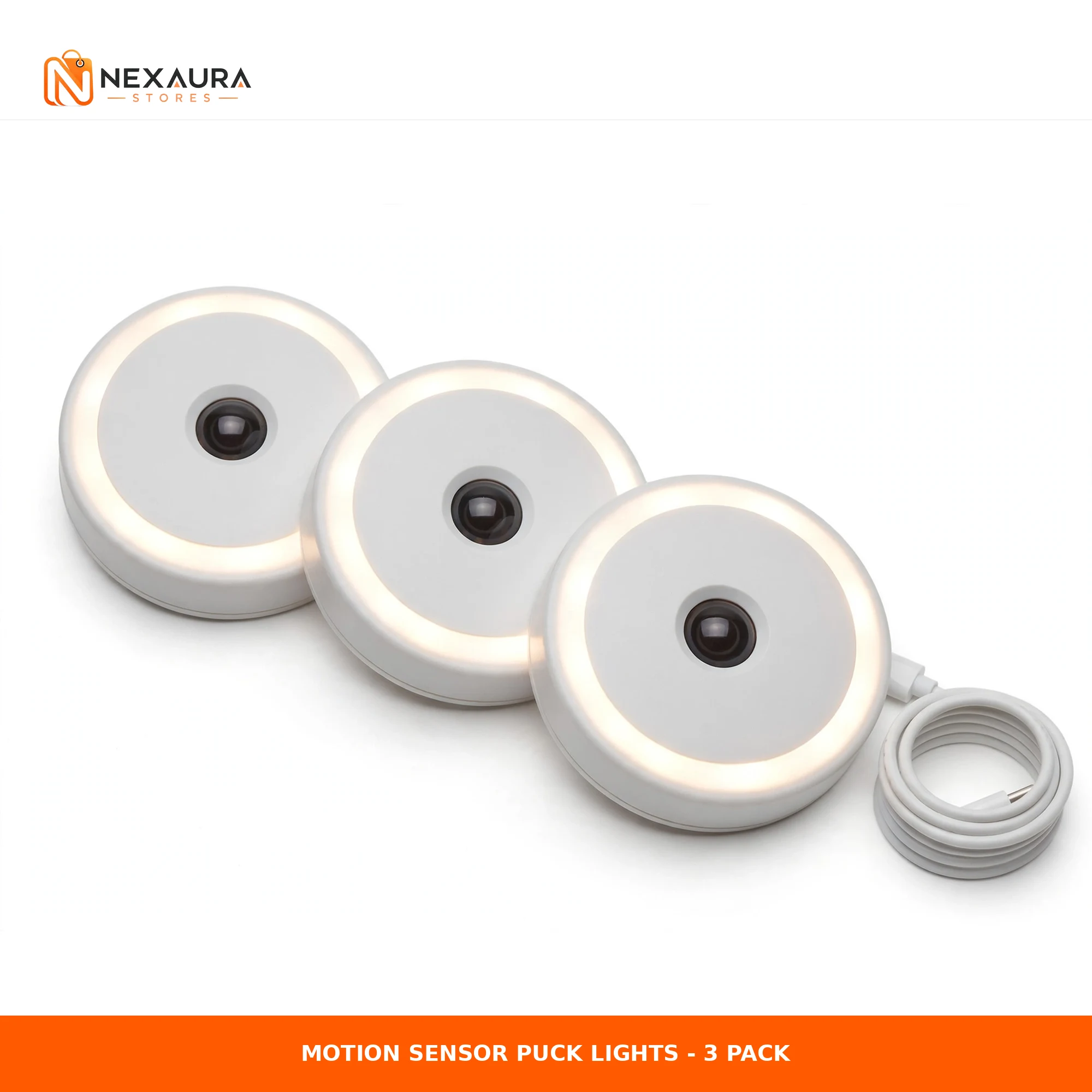 USB rechargeable motion sensor LED puck lights 3-pack with charging cable