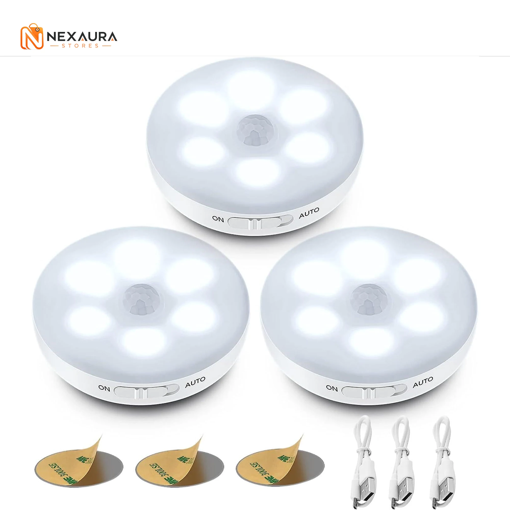 Motion sensor puck lights 3 pack with adhesive pads and USB cables