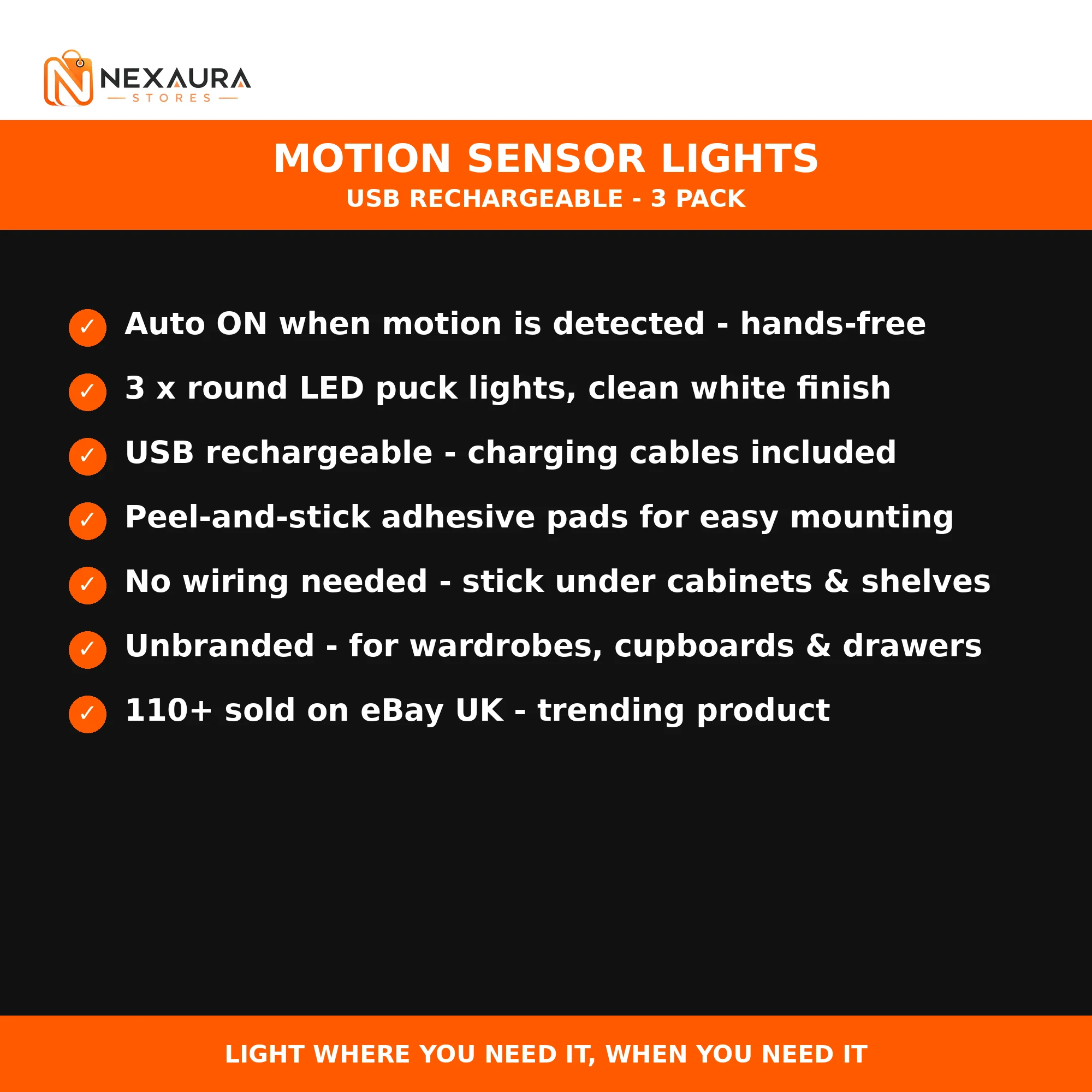Motion sensor LED puck lights key features - USB rechargeable 3 pack
