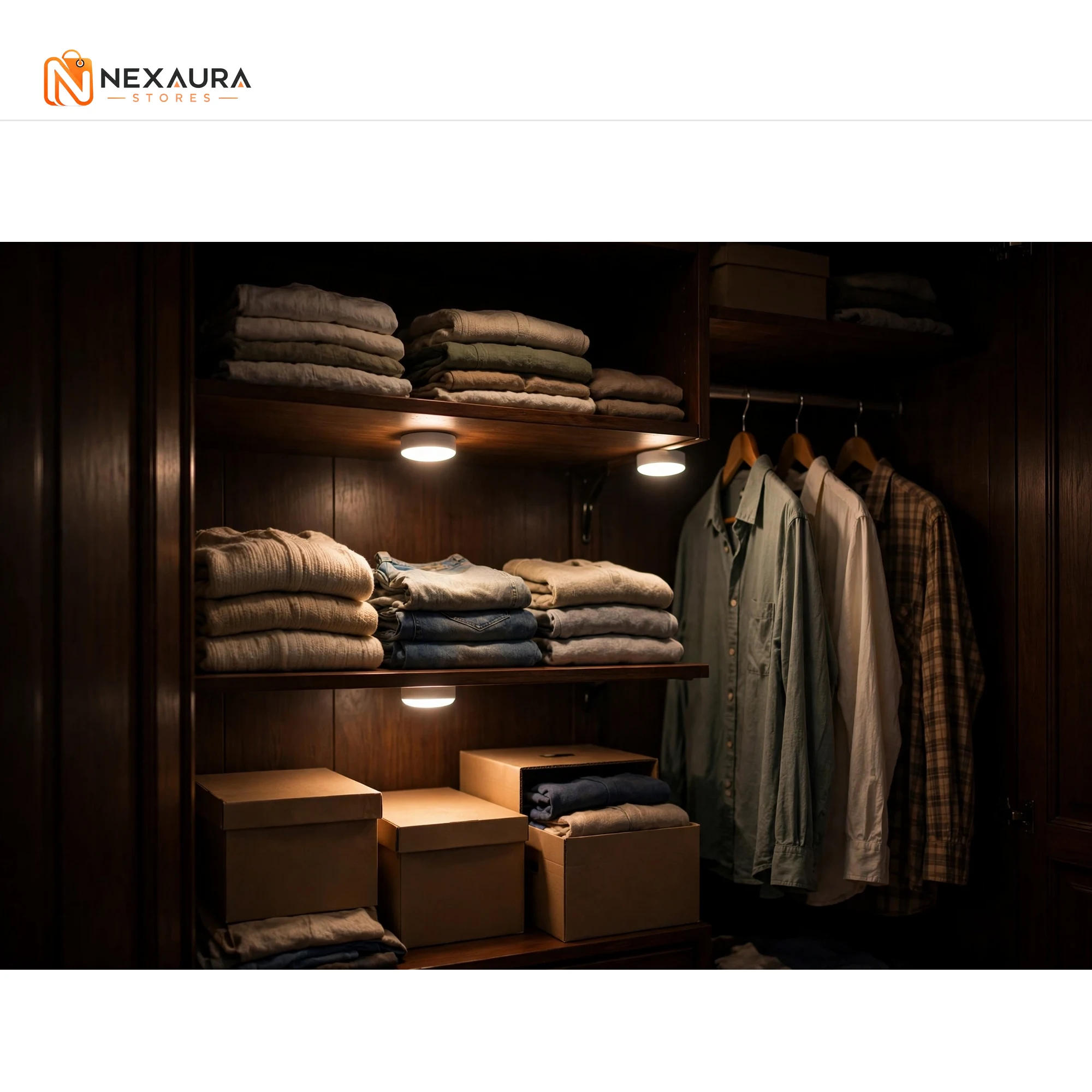 Motion sensor puck lights glowing inside a dark wardrobe