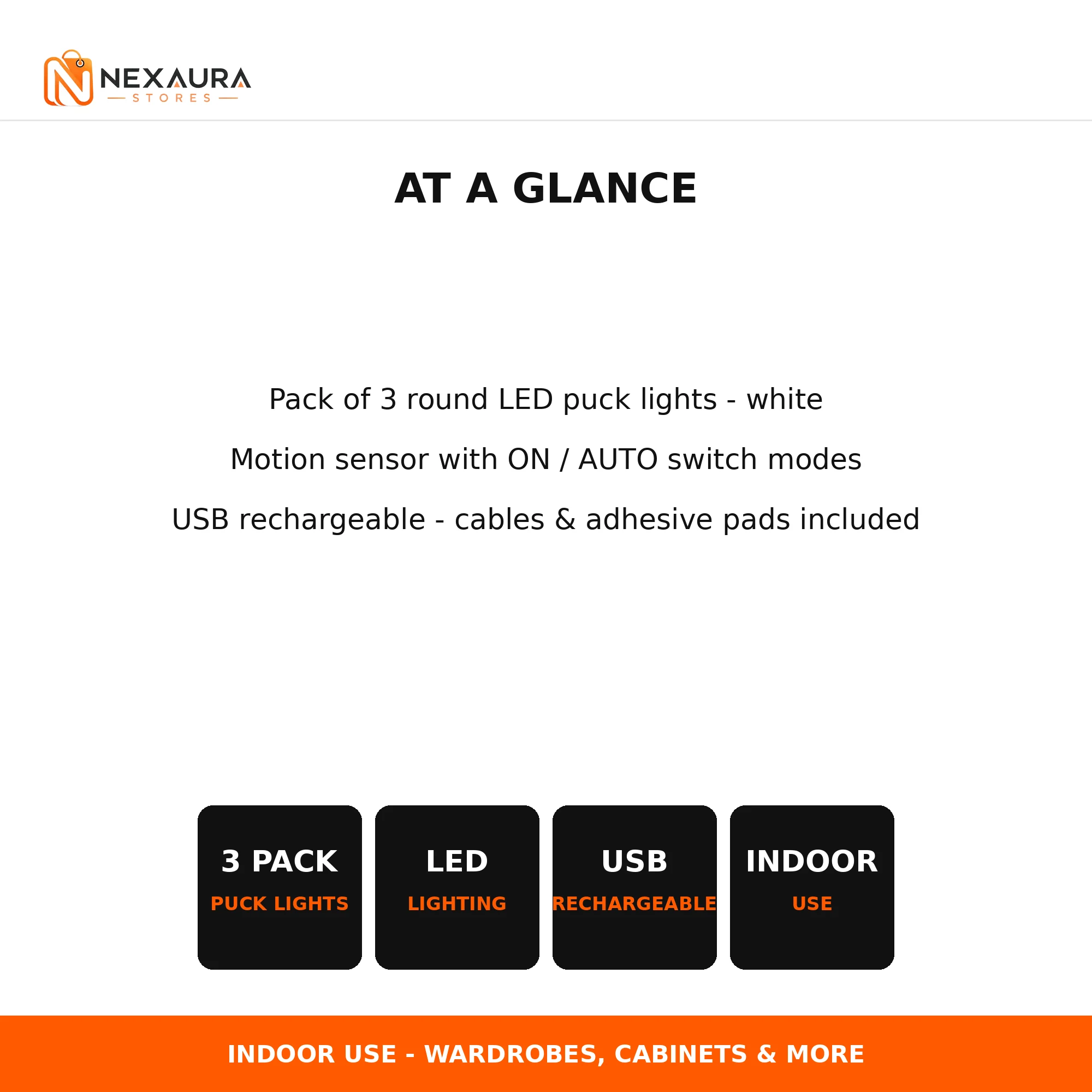 Motion sensor puck lights specifications - 3 pack, LED, USB rechargeable, indoor