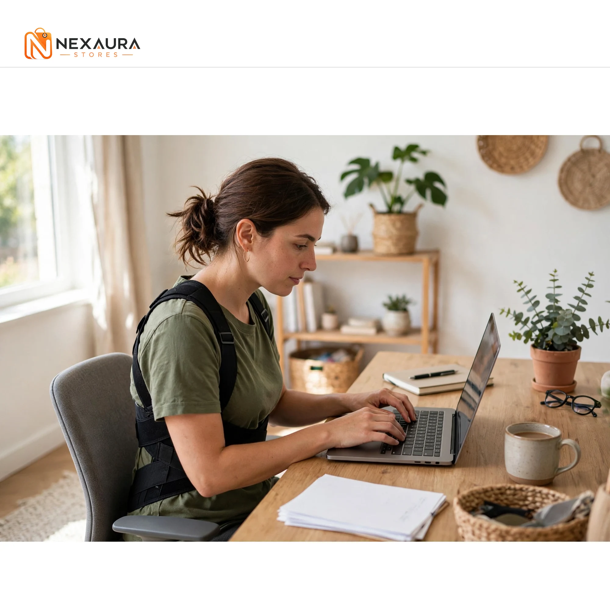Wearing the posture support brace at a desk