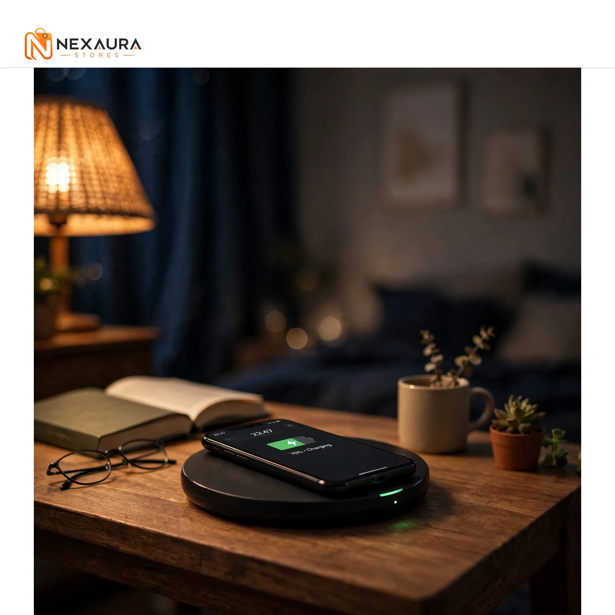 Phone charging on wireless pad at bedside