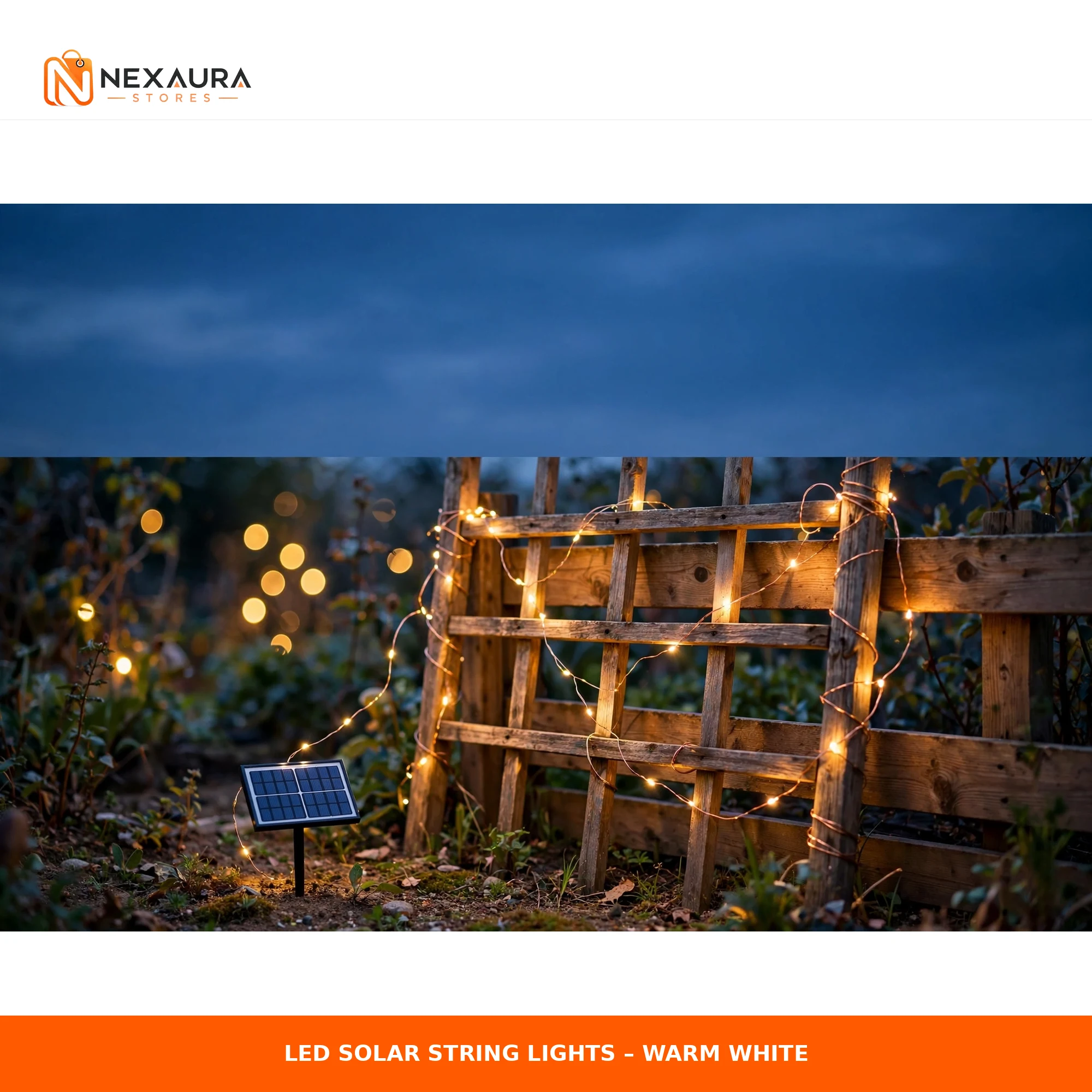 Solar string fairy lights warm white glowing on a garden trellis at dusk