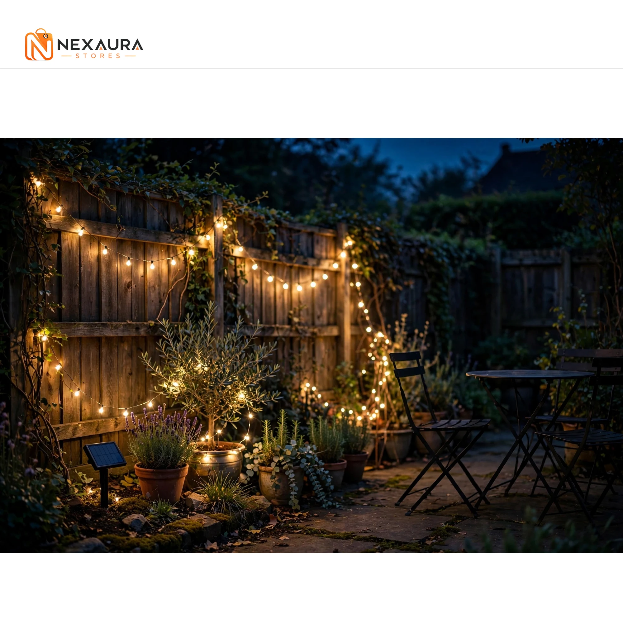 Solar fairy lights glowing on a garden fence at night