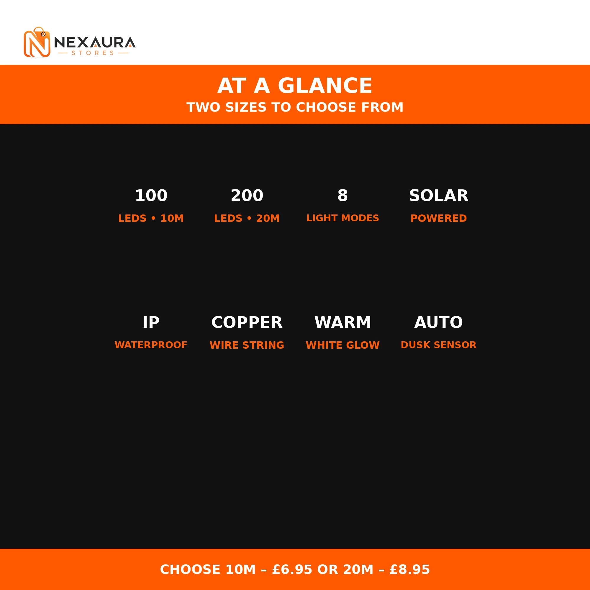 Solar fairy lights specifications - 10m 100 LED, 20m 200 LED, 8 modes