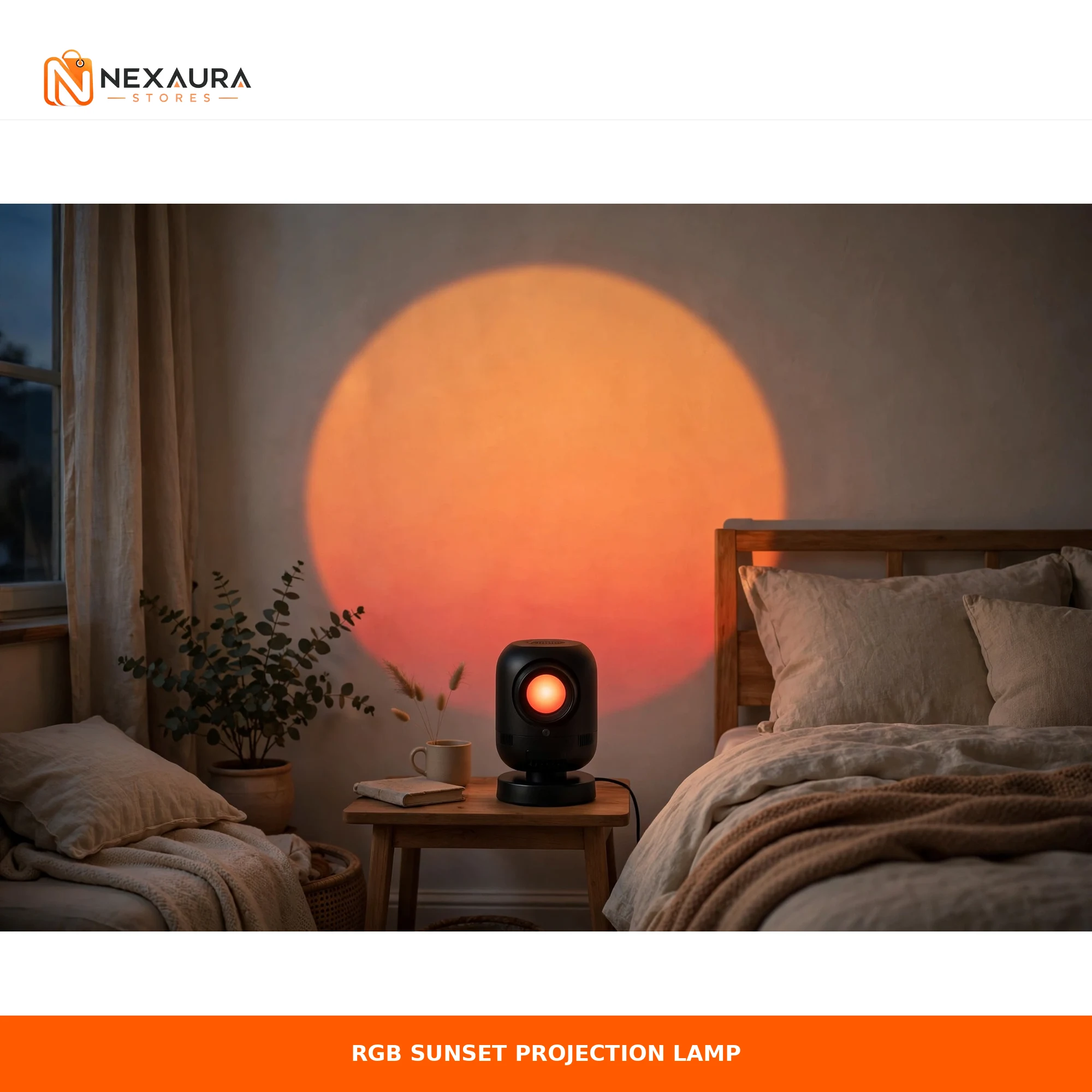 RGB sunset projection lamp casting a warm sunset glow in a bedroom