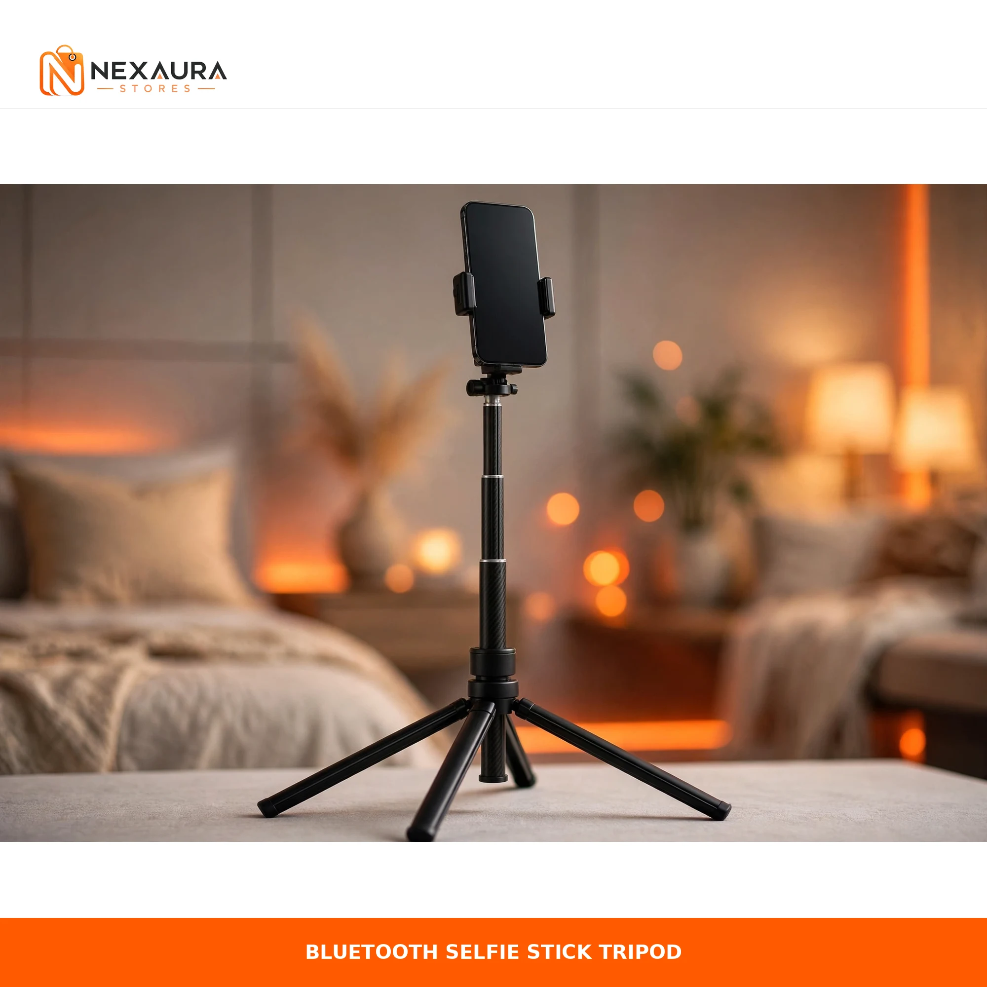 Extendable selfie stick tripod holding a smartphone