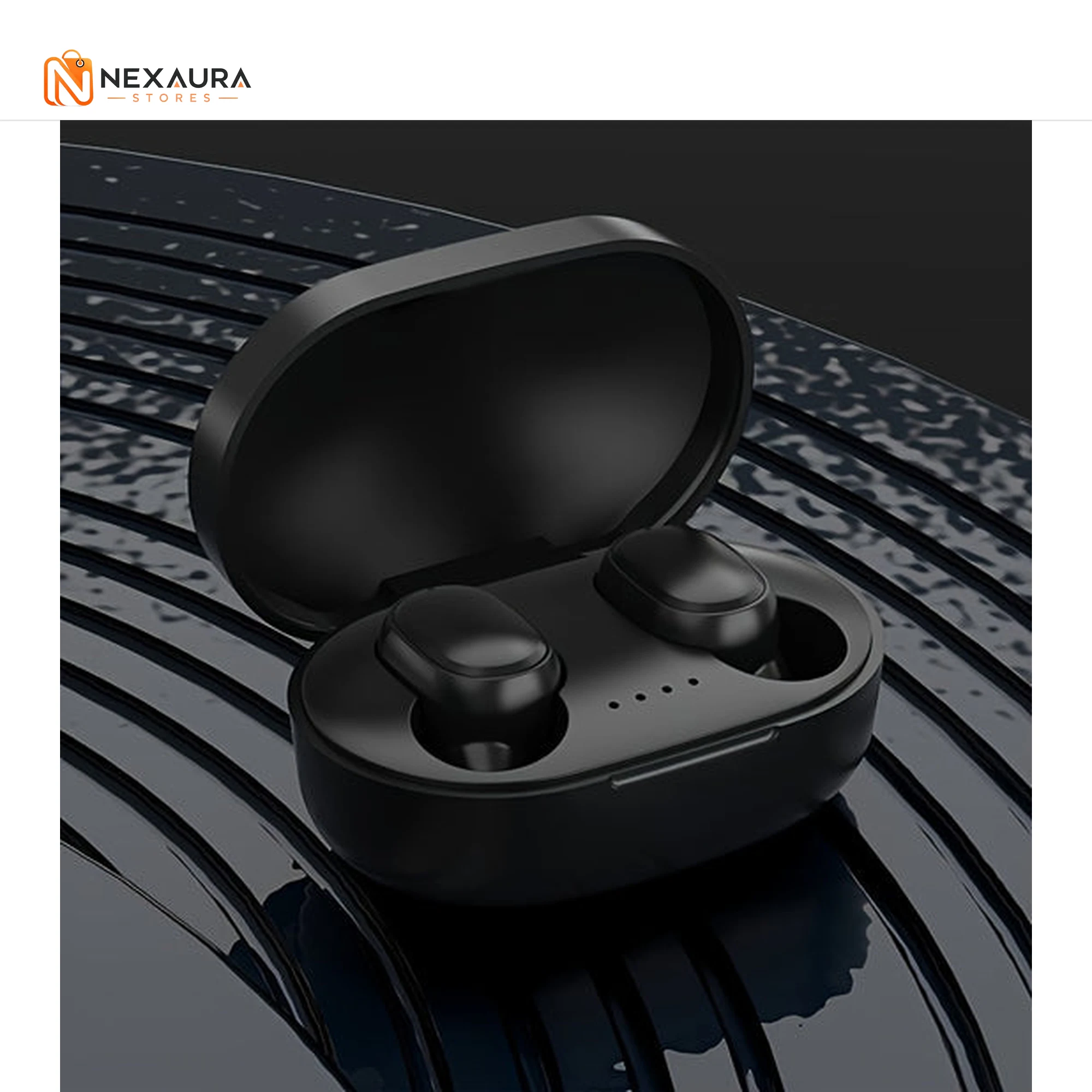 Black in-ear wireless earbuds in charging case