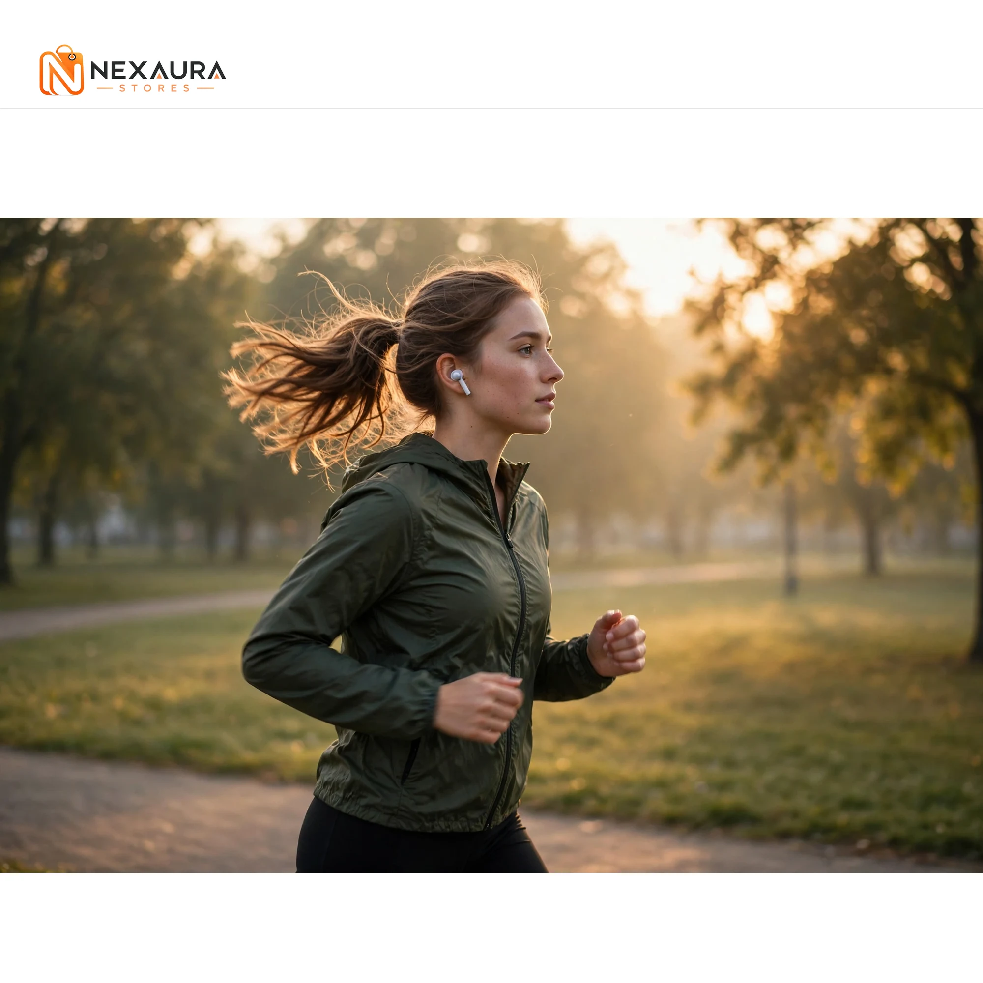 Woman jogging wearing white wireless earbuds