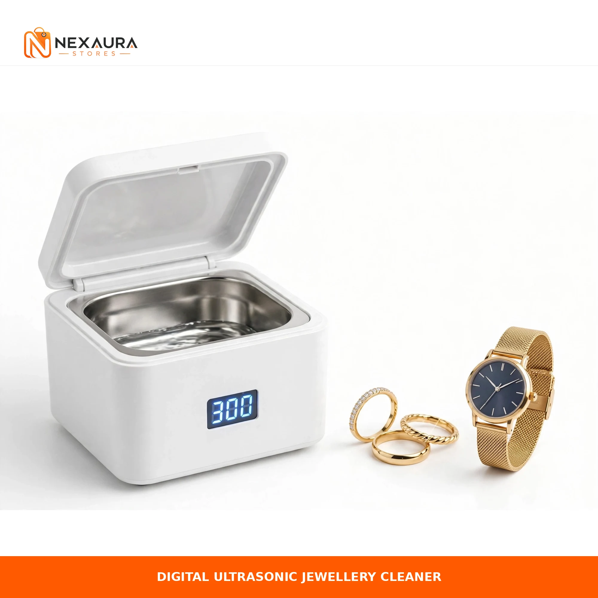 Digital ultrasonic jewellery cleaner 600ml with rings and gold watch