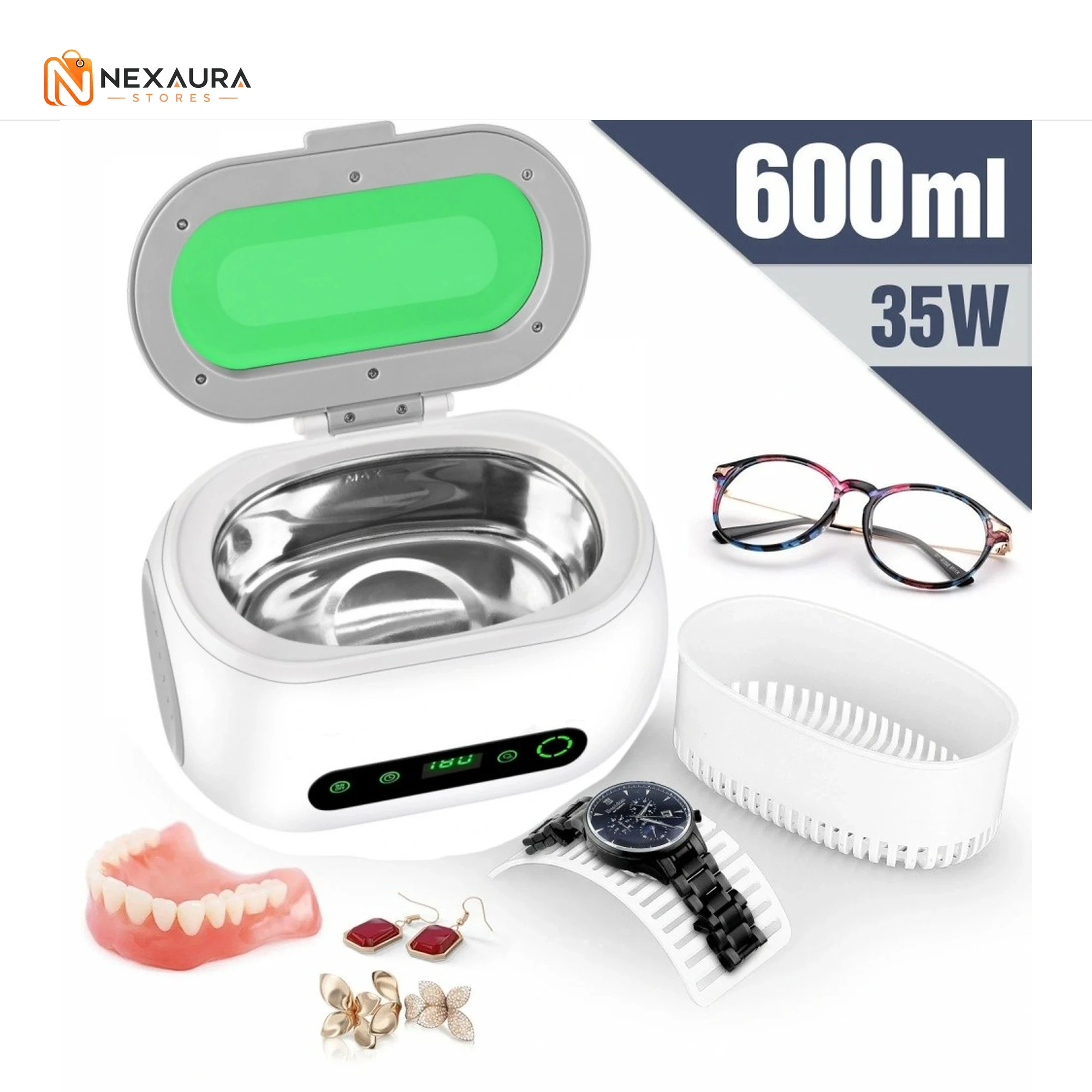 Ultrasonic cleaner with basket and watch holder