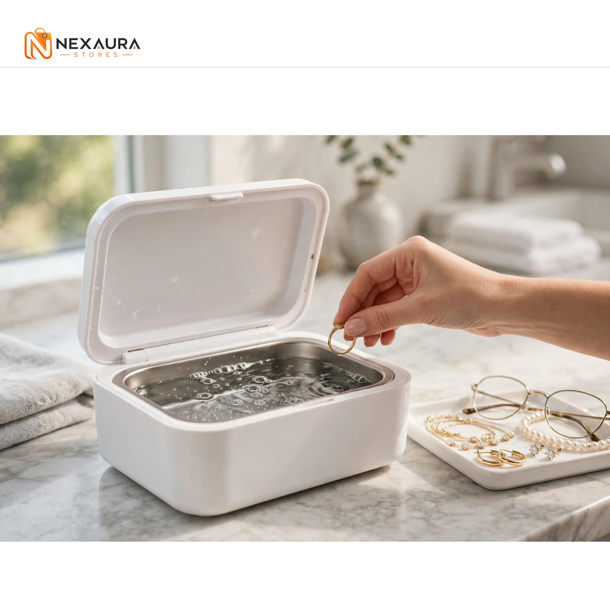 Hand placing a gold ring into the ultrasonic cleaner tank