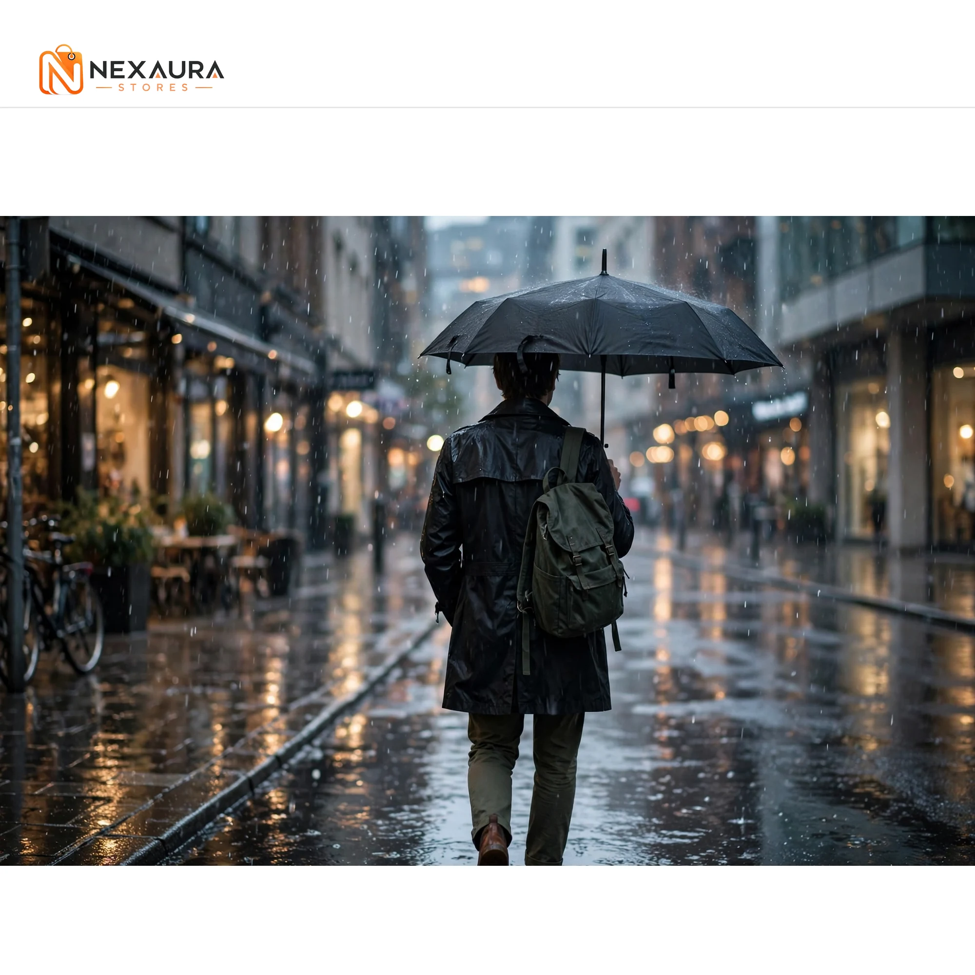 Person walking in the rain with black compact umbrella