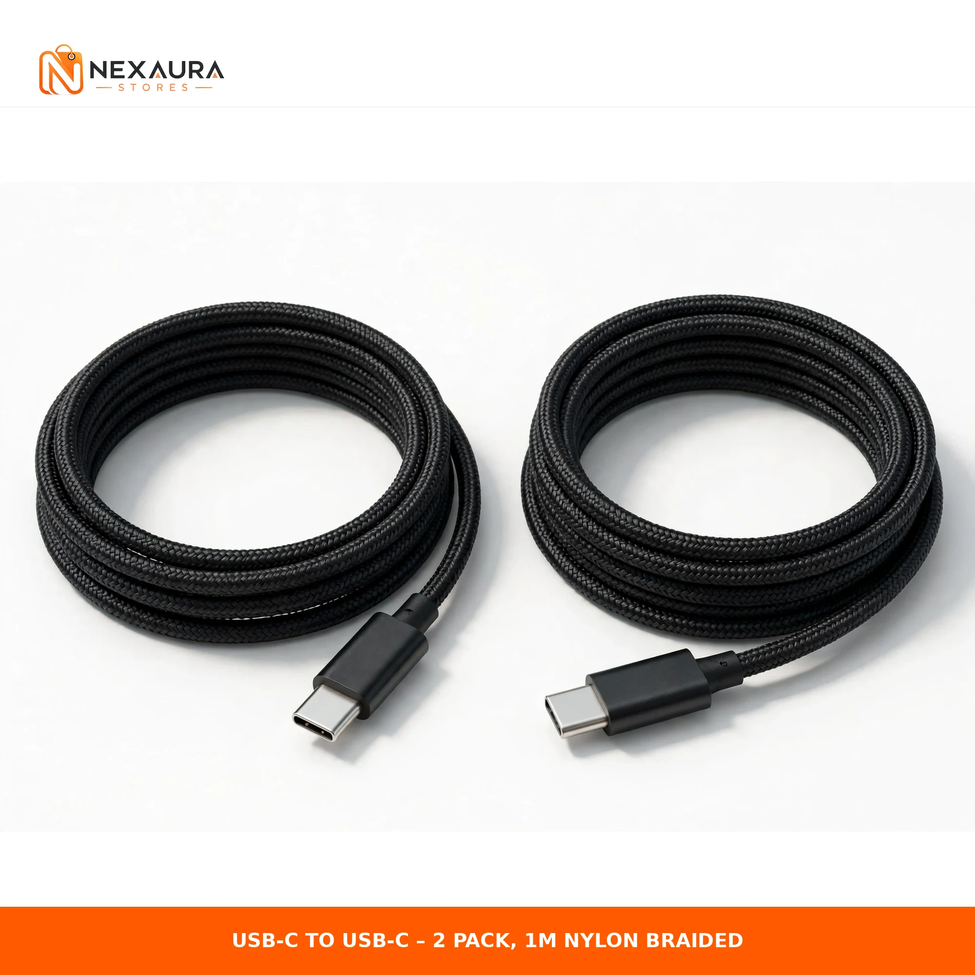 Two black braided USB-C to USB-C cables 1 metre 2-pack