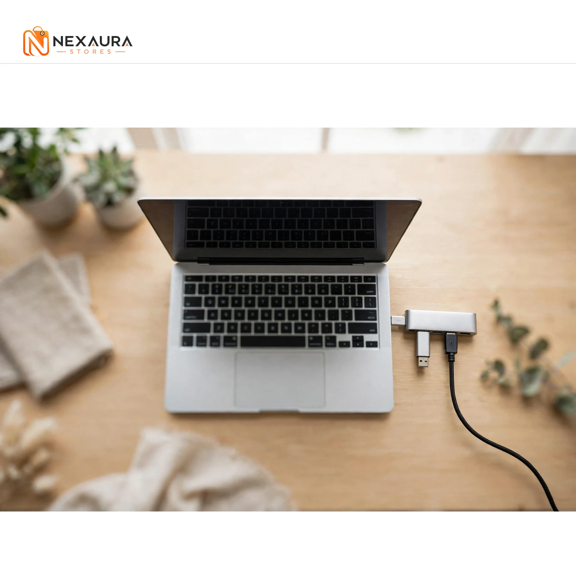 USB hub connected to a laptop on a desk
