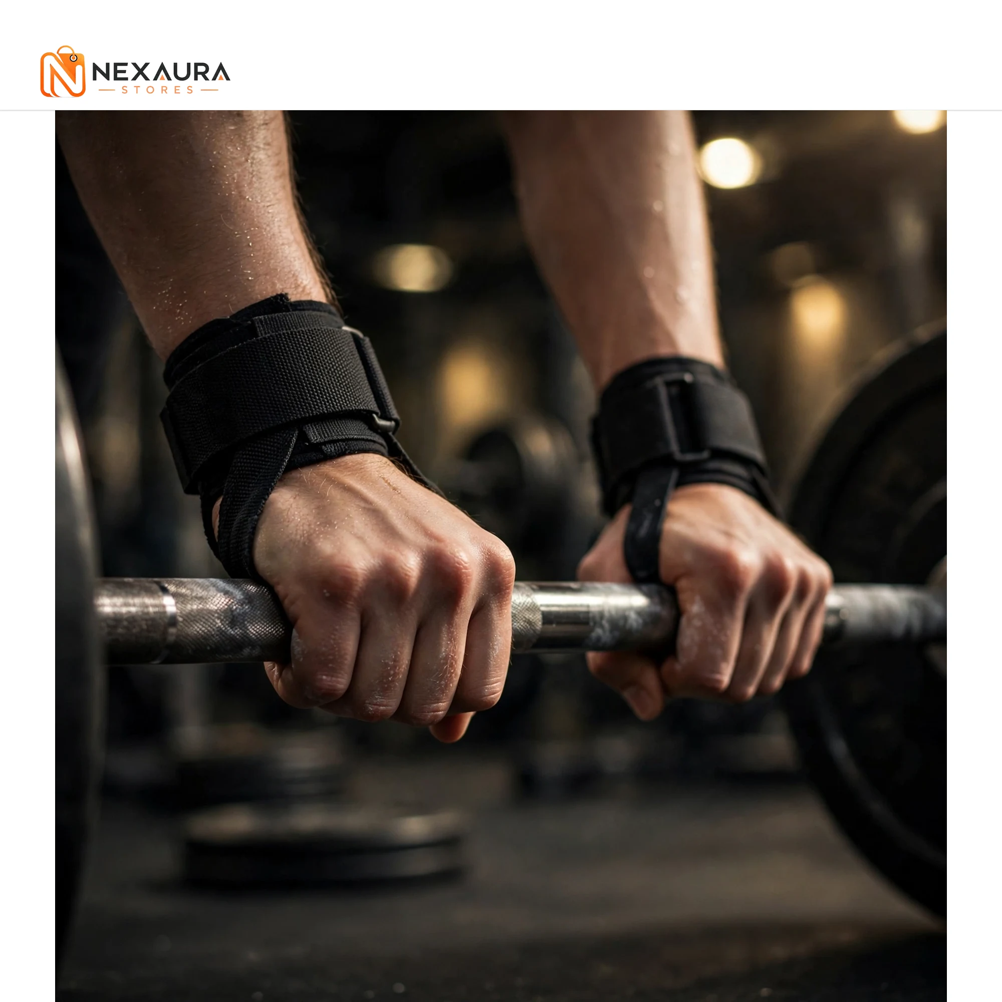 Athlete using weight lifting wrist straps on barbell